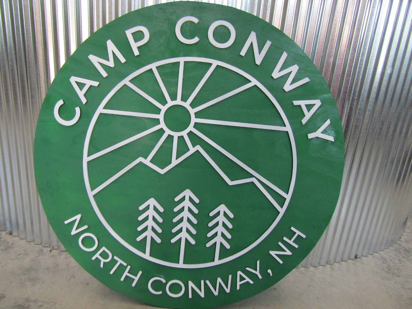 Custom Wooden Sign Camp Campground Your Logo And Image In Color Green Minimalist Style Mountains Fresh Air Round Hanging Sign Outdoors Land