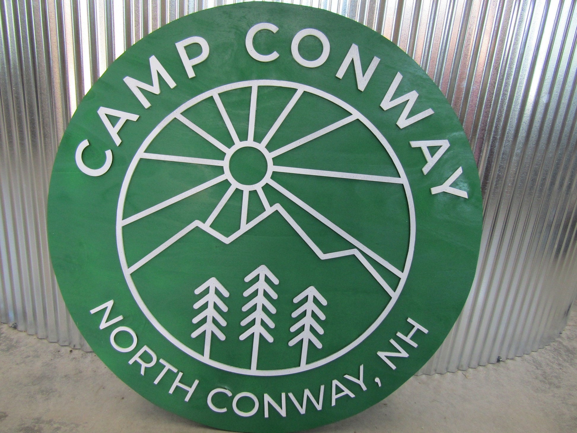 Custom Wooden Sign Camp Campground Your Logo And Image In Color Green Minimalist Style Mountains Fresh Air Round Hanging Sign Outdoors Land