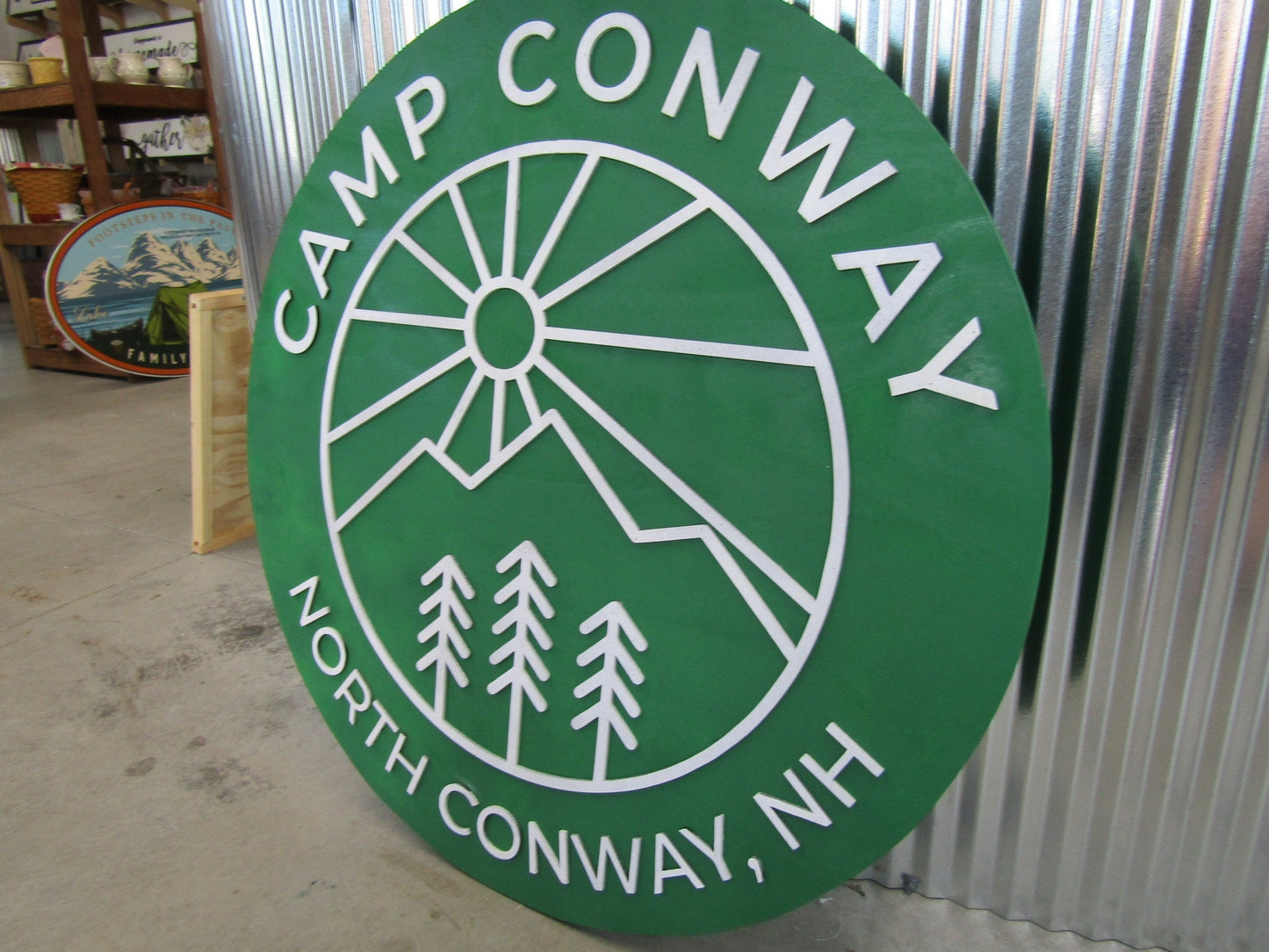 Custom Wooden Sign Camp Campground Your Logo And Image In Color Green Minimalist Style Mountains Fresh Air Round Hanging Sign Outdoors Land