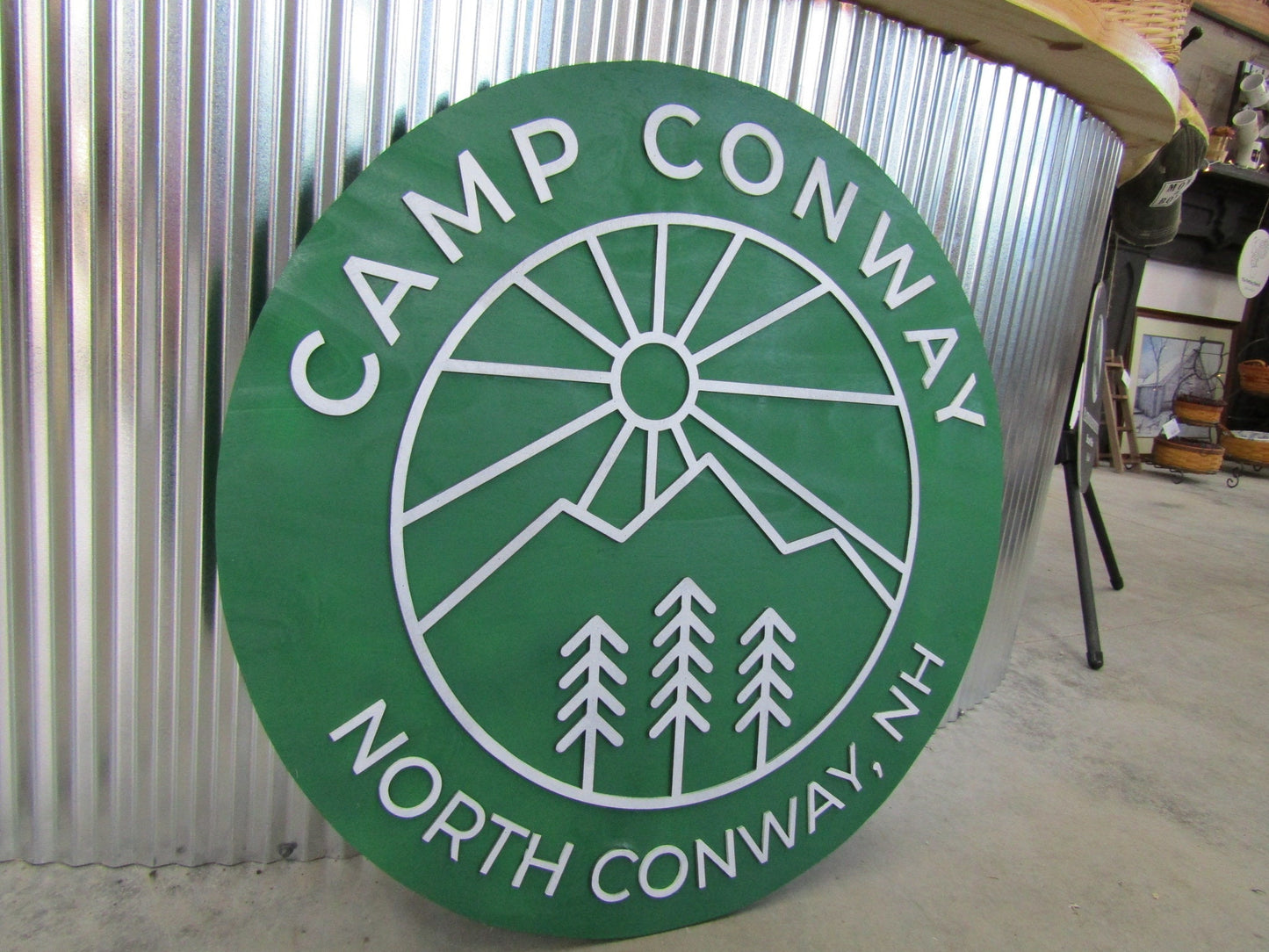 Custom Wooden Sign Camp Campground Your Logo And Image In Color Green Minimalist Style Mountains Fresh Air Round Hanging Sign Outdoors Land