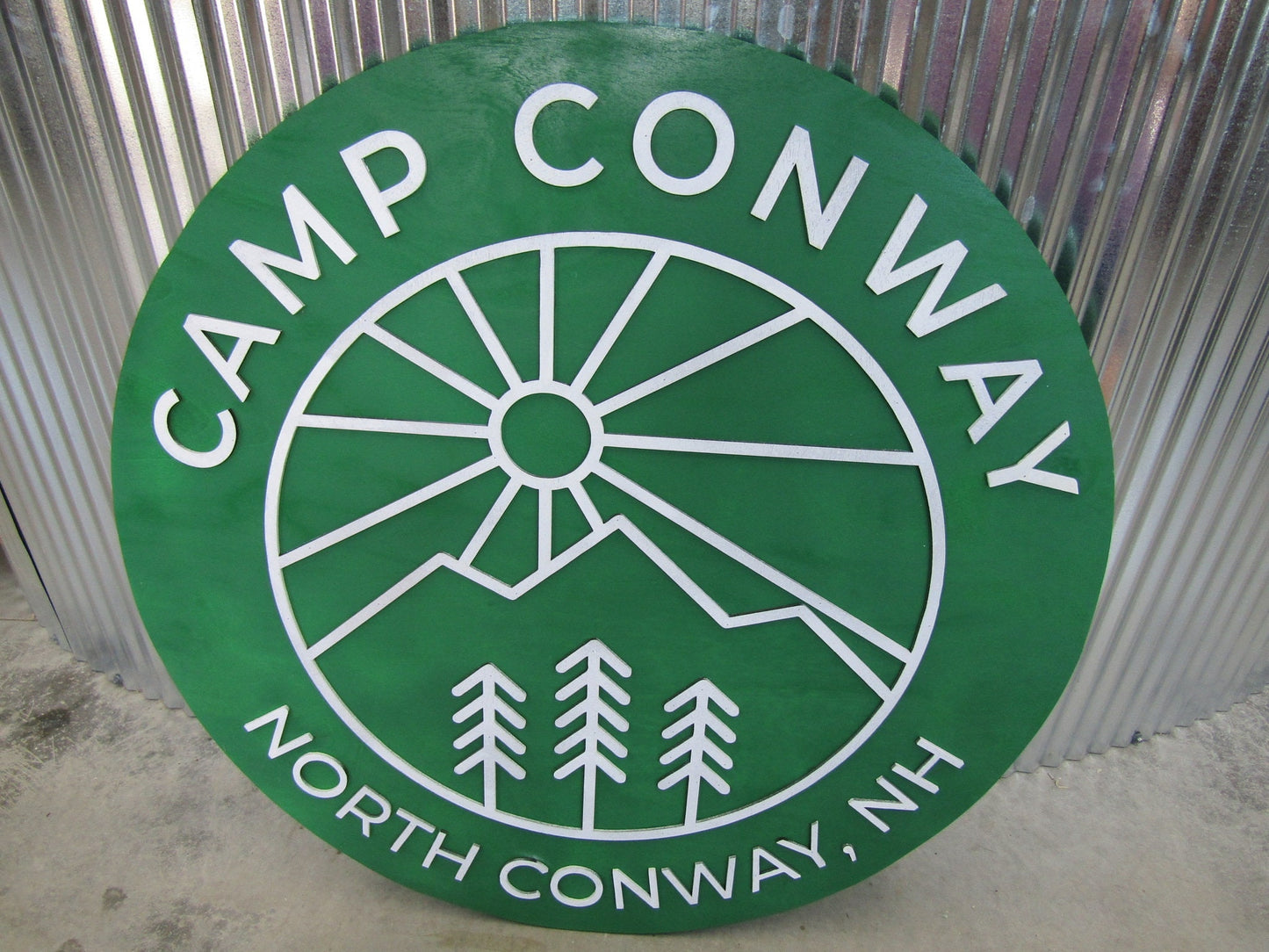 Custom Wooden Sign Camp Campground Your Logo And Image In Color Green Minimalist Style Mountains Fresh Air Round Hanging Sign Outdoors Land