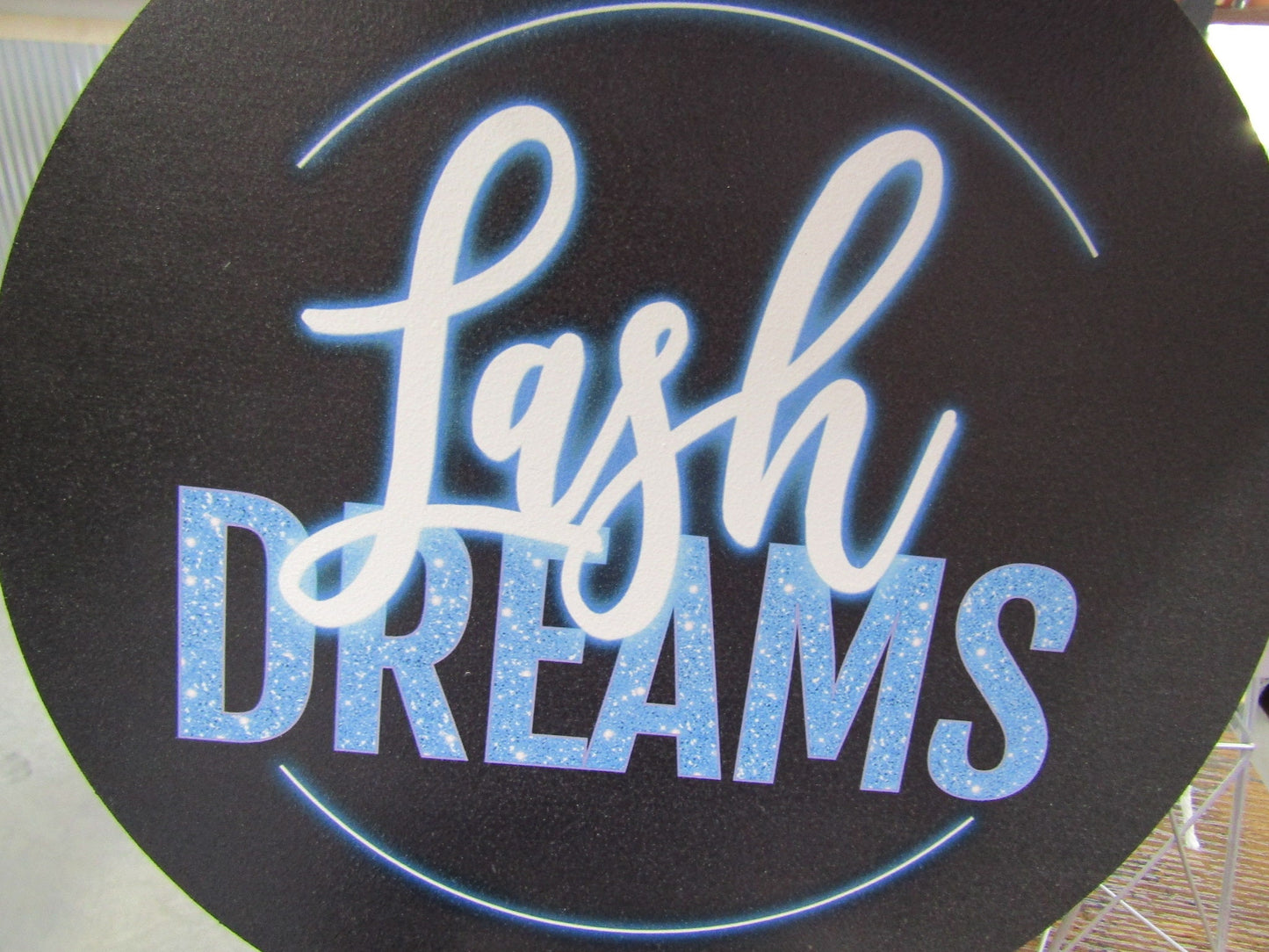 Small Business Custom Printed Wood Sign Eyelash Salon Eye Makeup Beautician Lashes Dreams Blue Neon Color Your Logo Personalized Door Hanger