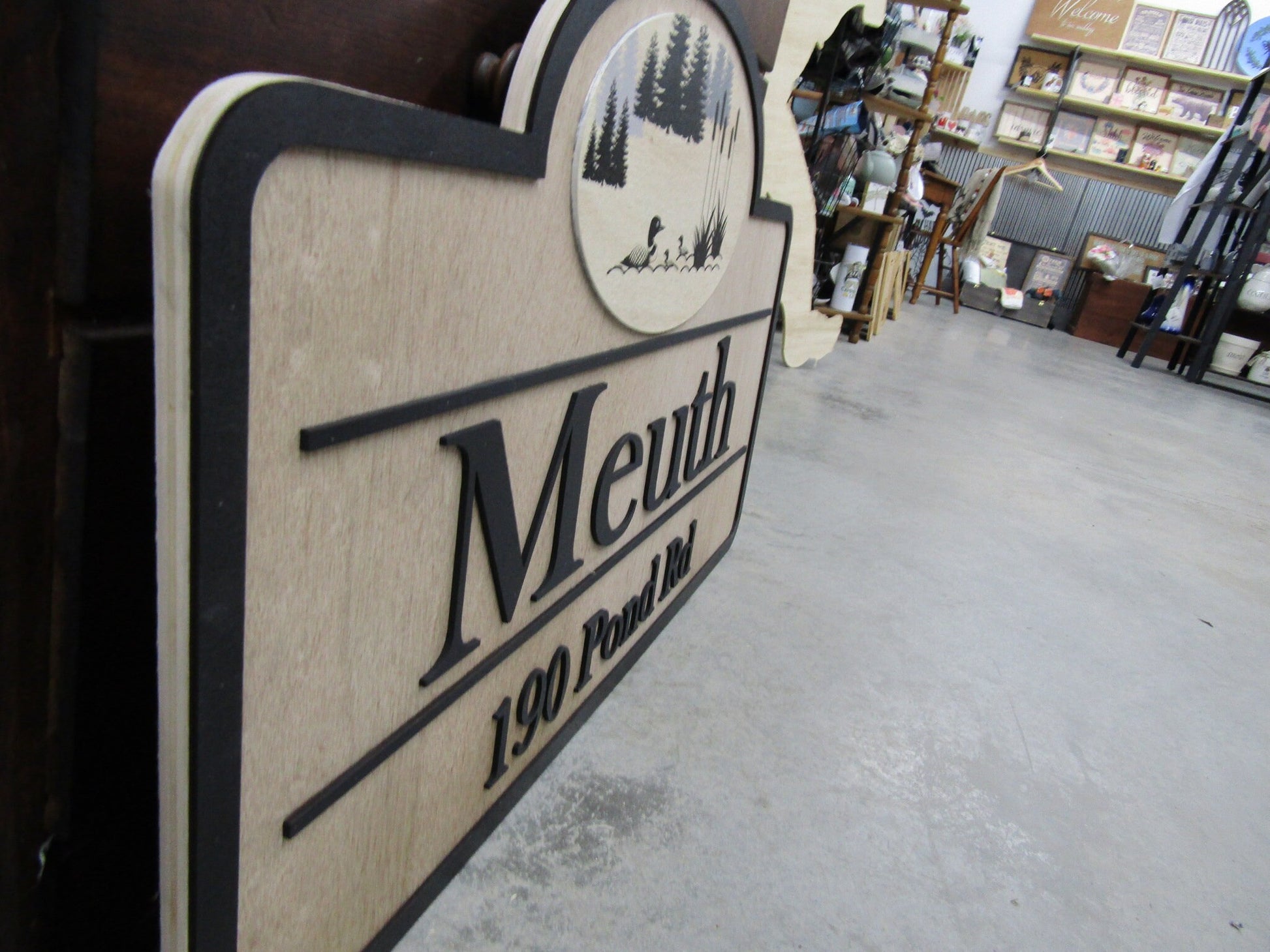 Custom Address Road Sign Private Drive Pond Duck Woodsy Pine Trees 3D Raised Contoured Shape Handmade Driveway Directional Wooden