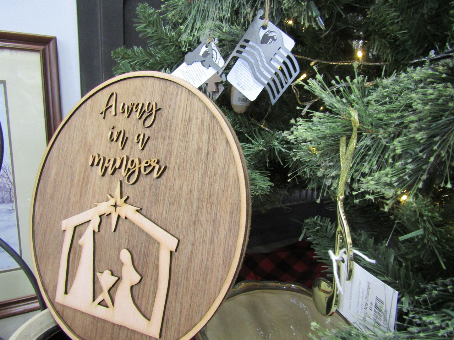 Christmas Away In A Manger Jesus Birth of Christ Faith Winter Decor Wooden Natural Gift Round Holiday Handmade Wall Hanging Sign 3D