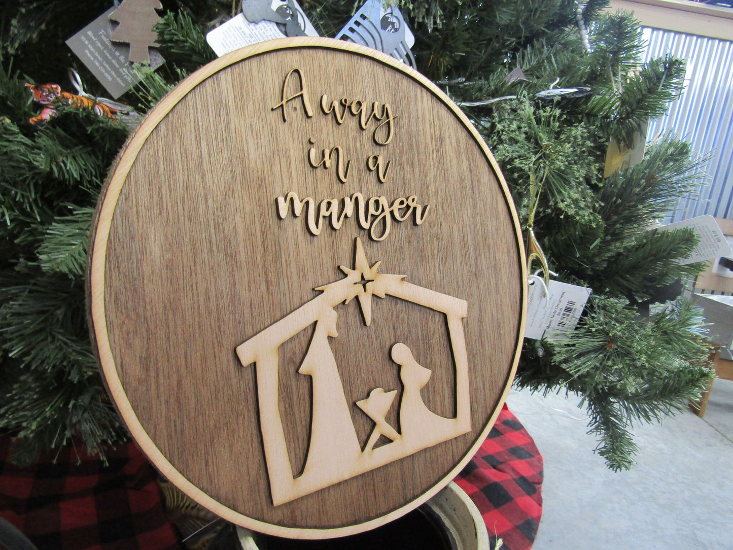 Christmas Away In A Manger Jesus Birth of Christ Faith Winter Decor Wooden Natural Gift Round Holiday Handmade Wall Hanging Sign 3D