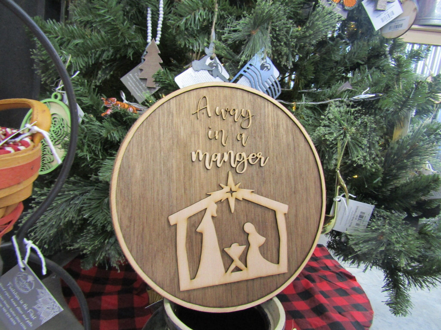 Christmas Away In A Manger Jesus Birth of Christ Faith Winter Decor Wooden Natural Gift Round Holiday Handmade Wall Hanging Sign 3D