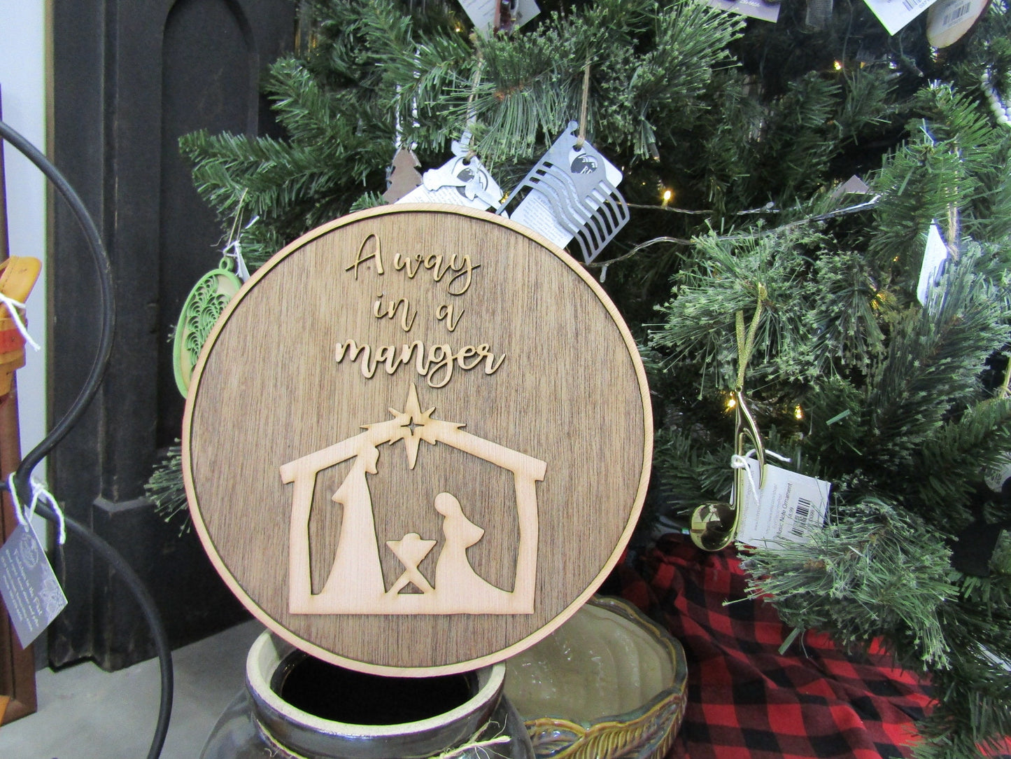 Christmas Away In A Manger Jesus Birth of Christ Faith Winter Decor Wooden Natural Gift Round Holiday Handmade Wall Hanging Sign 3D
