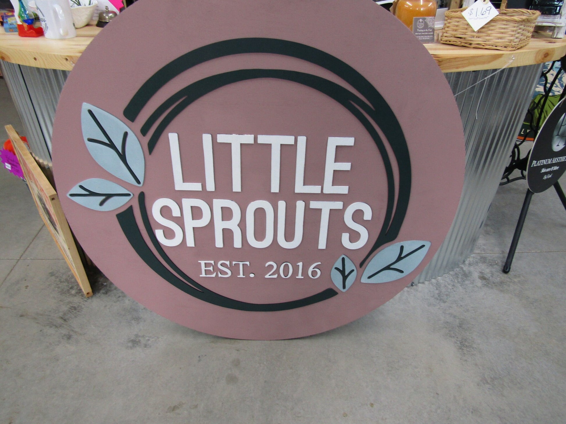 Custom Wooden Sign Sprouts Plants Leaves Grow Childcare Nursery Little Round Business Commerical Signage Made to Order Logo Circle Handmade
