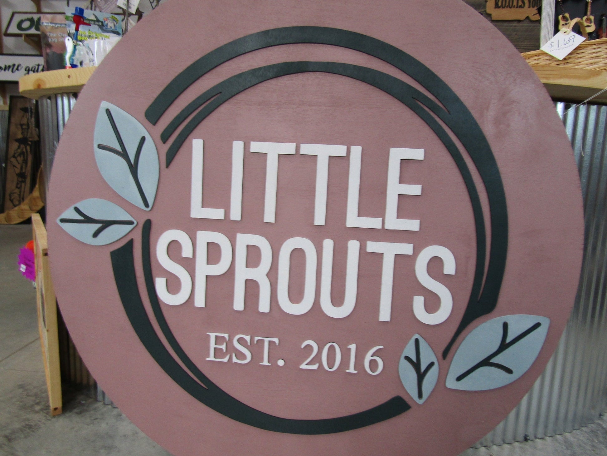 Custom Wooden Sign Sprouts Plants Leaves Grow Childcare Nursery Little Round Business Commerical Signage Made to Order Logo Circle Handmade