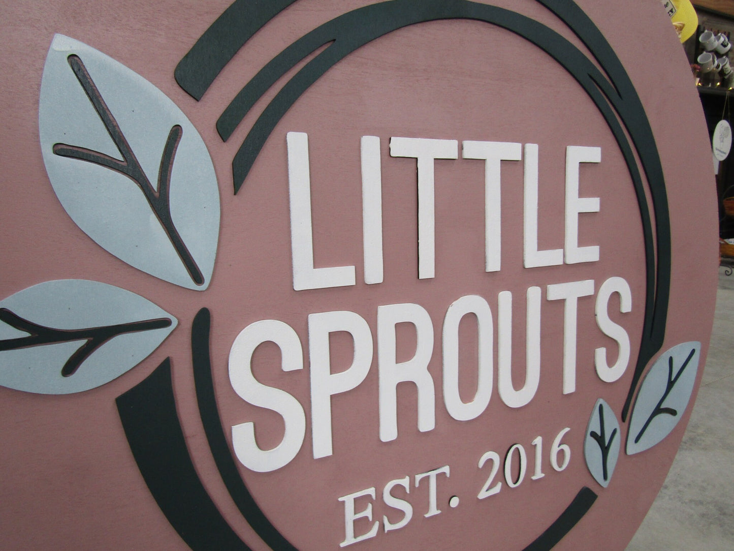 Custom Wooden Sign Sprouts Plants Leaves Grow Childcare Nursery Little Round Business Commerical Signage Made to Order Logo Circle Handmade