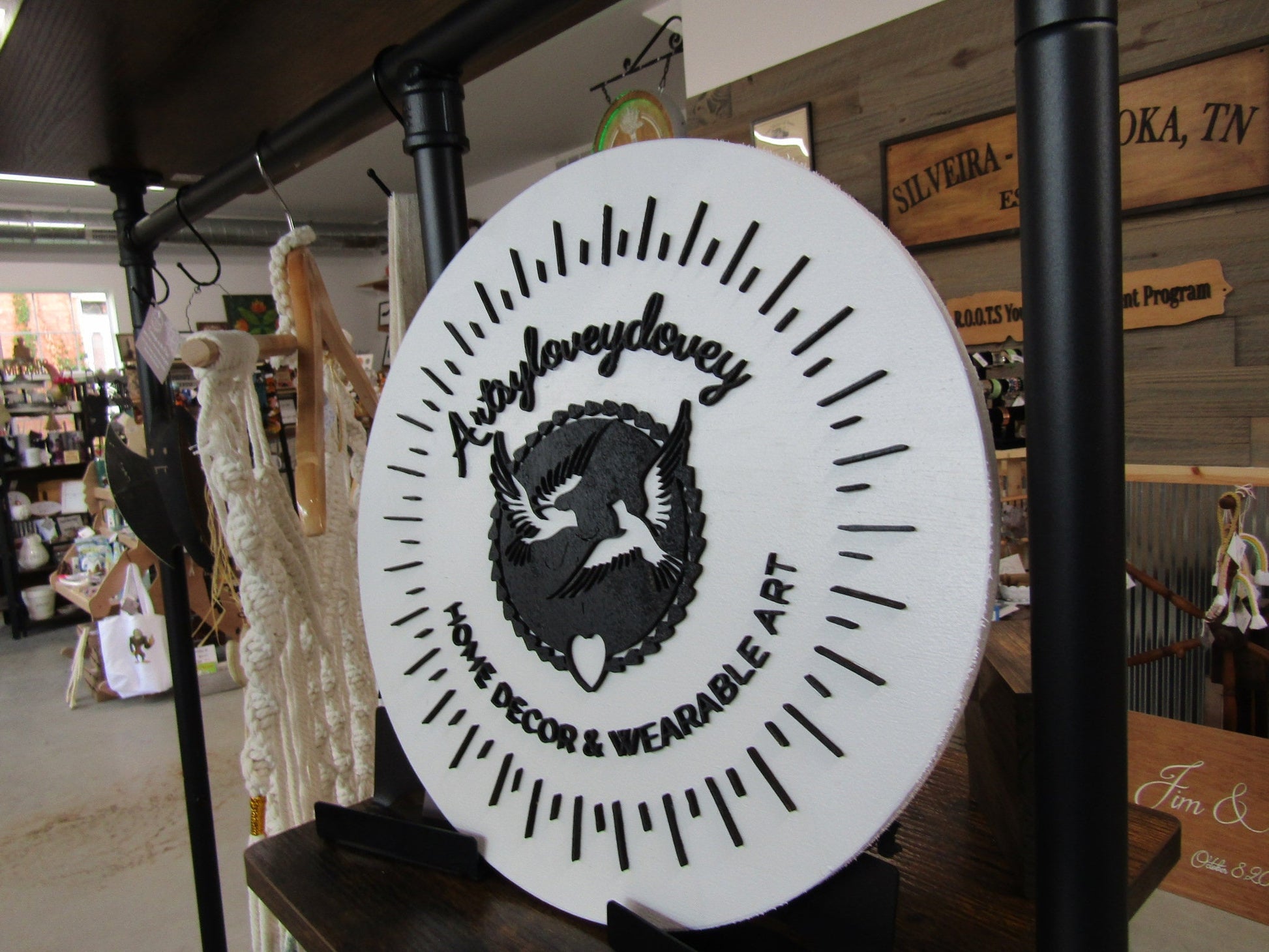 Custom Wood Sign Doves Wearable Art Home Decor Round Business Commerical Signage Store Front Small Shop Logo Circle Handmade Artsy