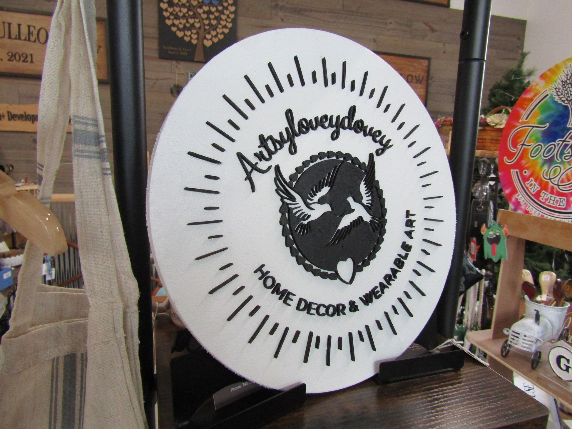 Custom Wood Sign Doves Wearable Art Home Decor Round Business Commerical Signage Store Front Small Shop Logo Circle Handmade Artsy