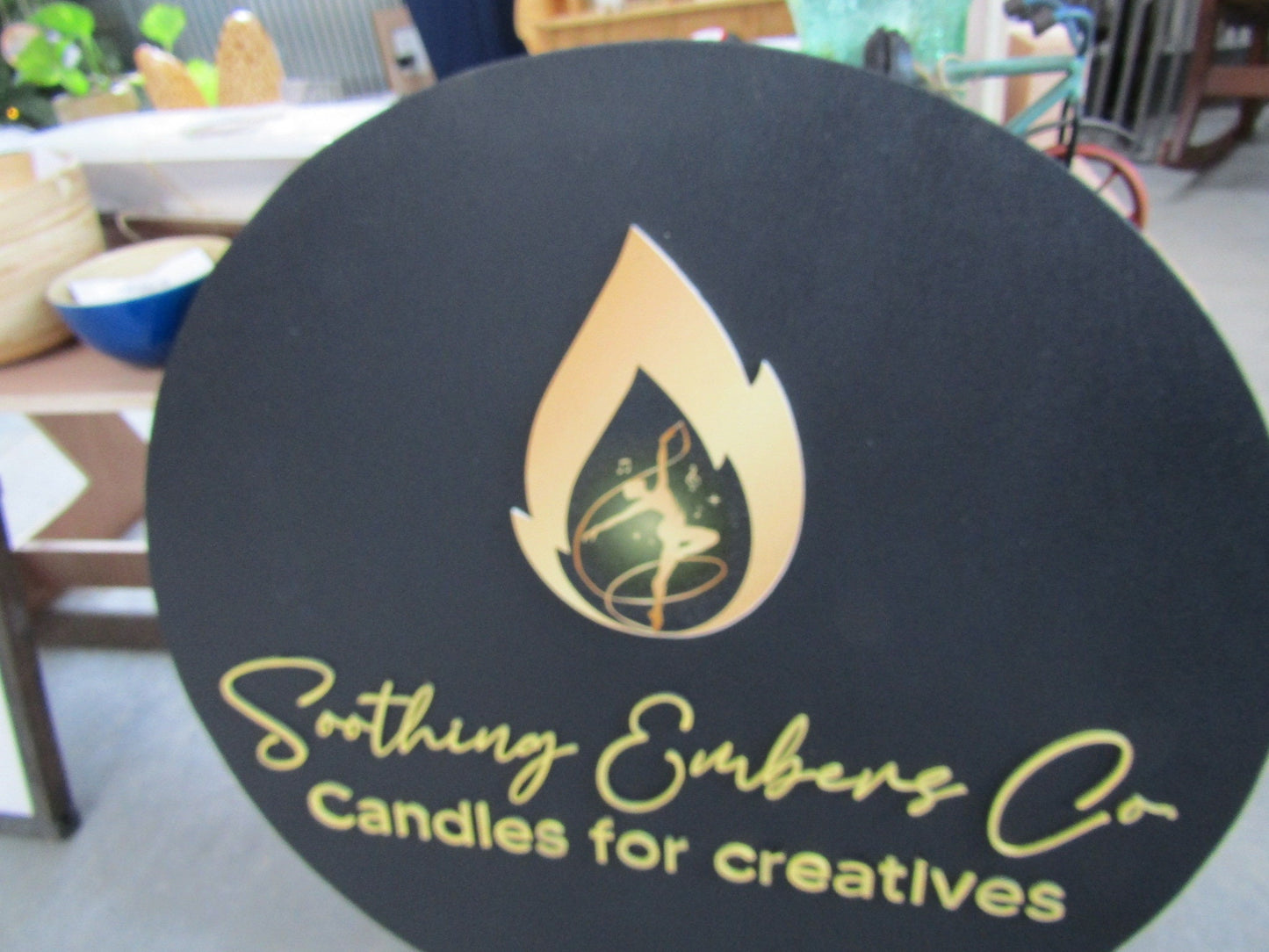 Custom Sign Candle Shop and Co Signage Creatives Soothing Flame Black and Yellow Personalized Sign Round Circle Embers Uv And Raised image