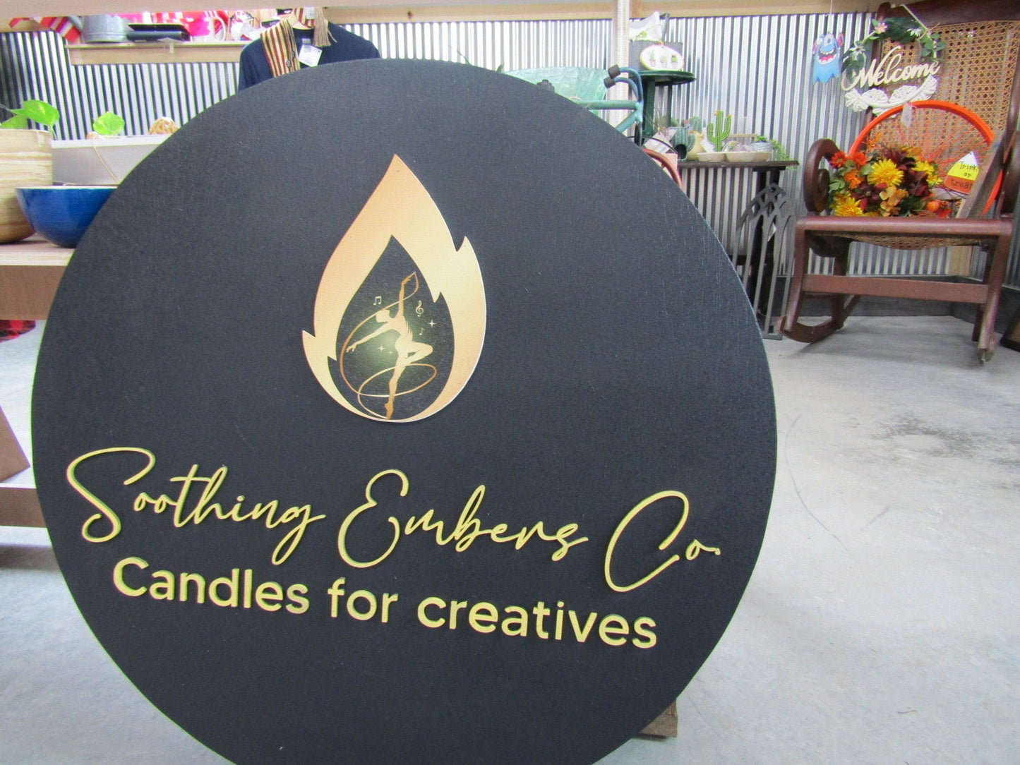 Custom Sign Candle Shop and Co Signage Creatives Soothing Flame Black and Yellow Personalized Sign Round Circle Embers Uv And Raised image