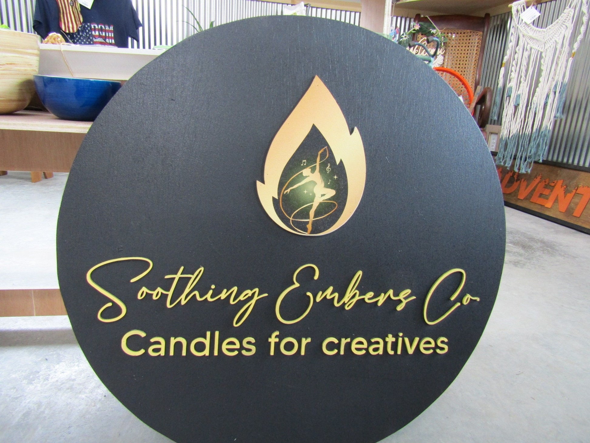 Custom Sign Candle Shop and Co Signage Creatives Soothing Flame Black and Yellow Personalized Sign Round Circle Embers Uv And Raised image