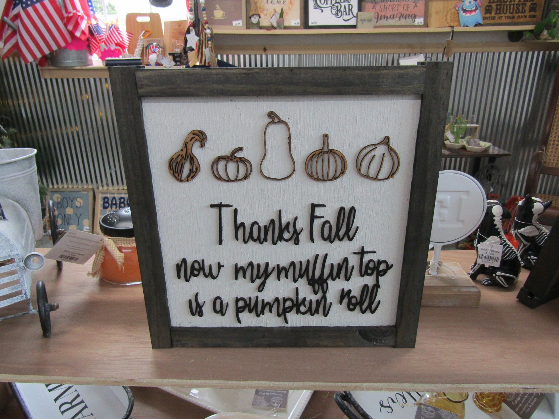 Thanks Fall Goofy Muffin Top Pumpkin Roll Pumpkins Gourds Autumn Handmade Decor Wall Hanging Funny Sarcastic Joke Seasonal Wooden Sign