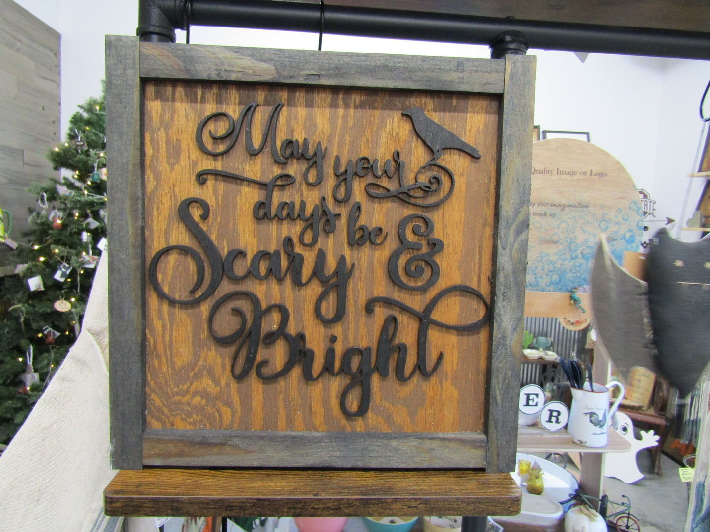 Wooden Handmade Halloween Decor Crow Scary And Bright May your Days Spooky Fall Autum 3D Scroll Cursive Wall Art Haunted Cute
