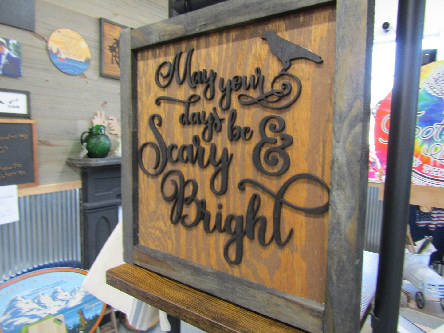 Wooden Handmade Halloween Decor Crow Scary And Bright May your Days Spooky Fall Autum 3D Scroll Cursive Wall Art Haunted Cute