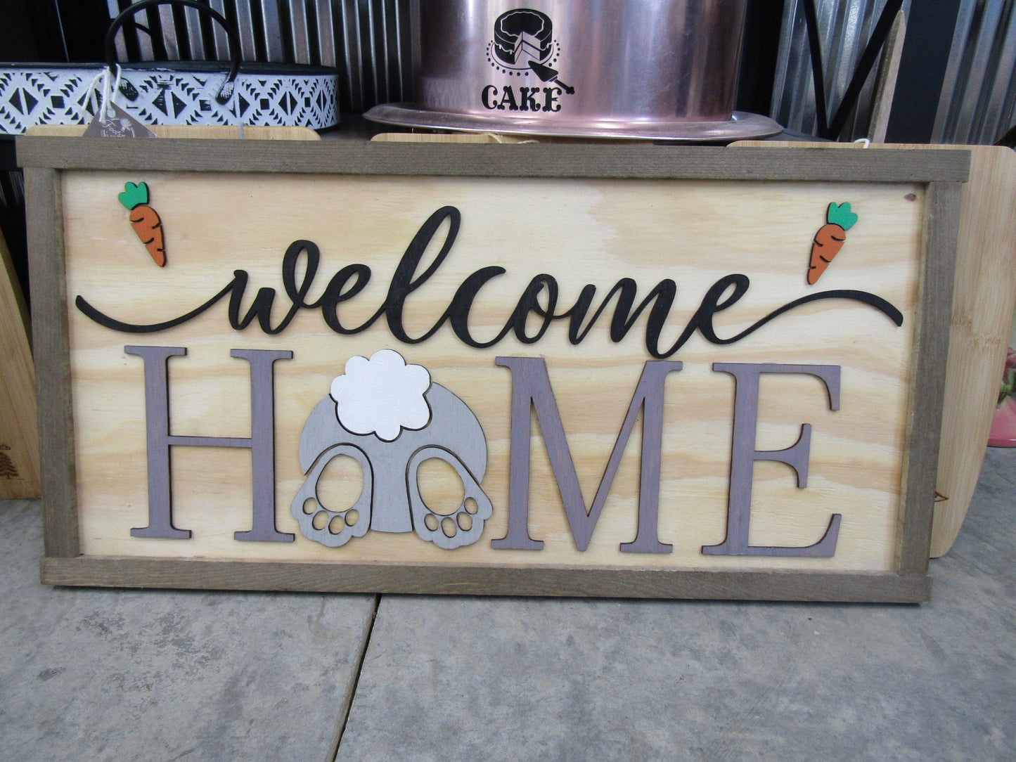 Easter Spring Welcome Home Bunny Butt Rabbit Feet Carrots Cute Decor Welcome Sign Greeting Farm Furry Friend Handmade 3D Wood Sign