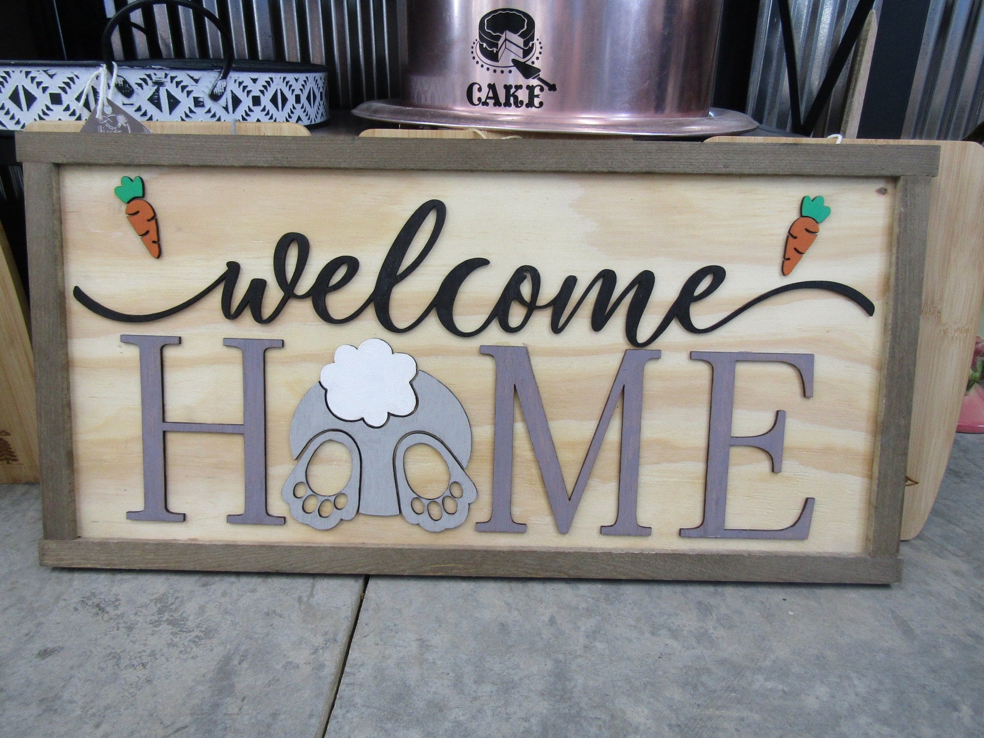 Easter Spring Welcome Home Bunny Butt Rabbit Feet Carrots Cute Decor Welcome Sign Greeting Farm Furry Friend Handmade 3D Wood Sign