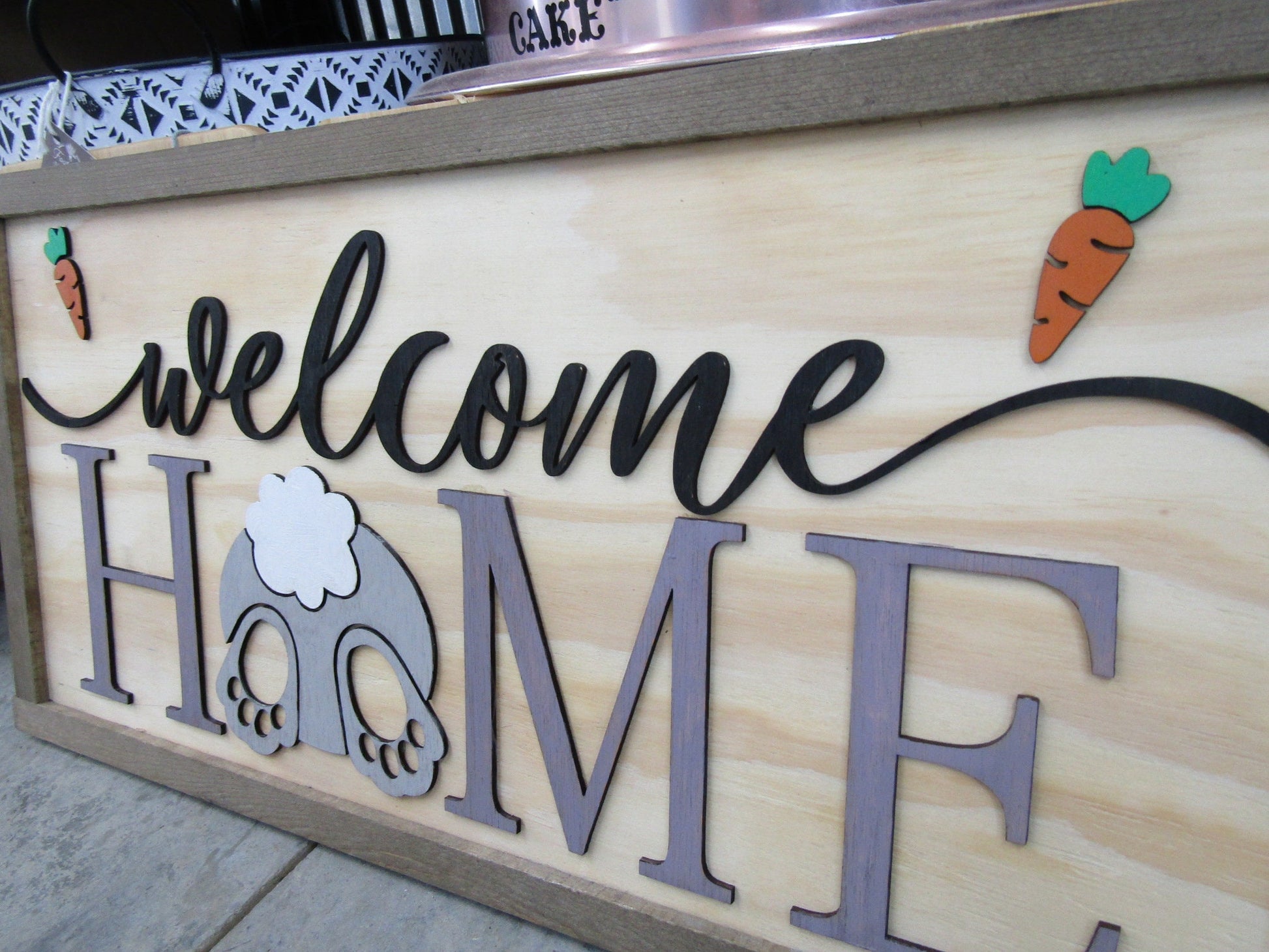 Easter Spring Welcome Home Bunny Butt Rabbit Feet Carrots Cute Decor Welcome Sign Greeting Farm Furry Friend Handmade 3D Wood Sign