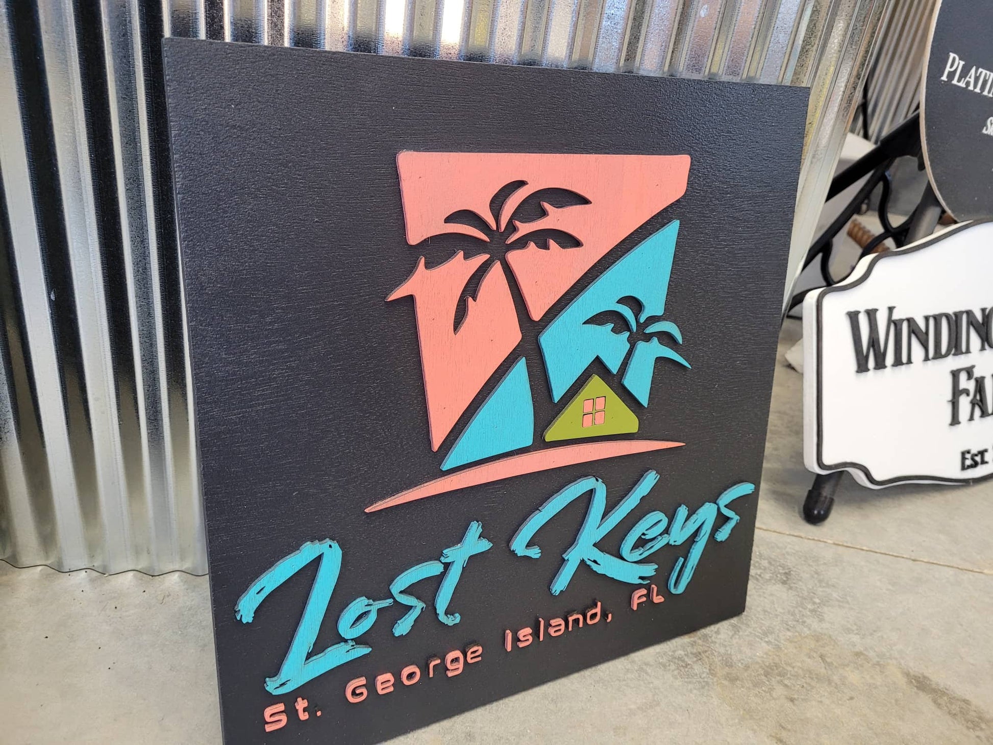 Custom Sign Beach Keys Palm Trees Retro Square Business Commerical Signage 3D Made to Order Co Store Front Small Shop Logo Wooden Handmade