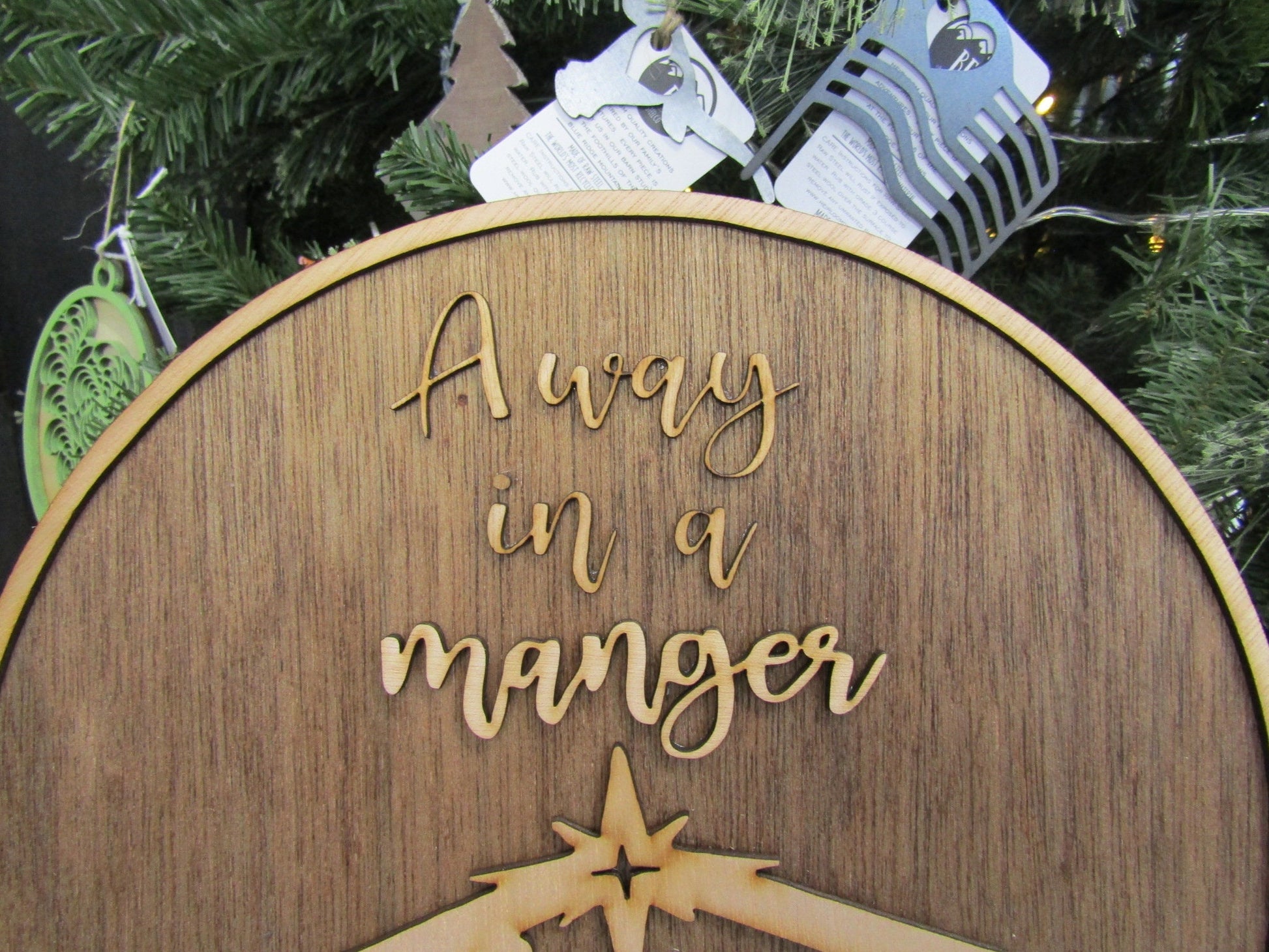 Christmas Away In A Manger Jesus Birth of Christ Faith Winter Decor Wooden Natural Gift Round Holiday Handmade Wall Hanging Sign 3D
