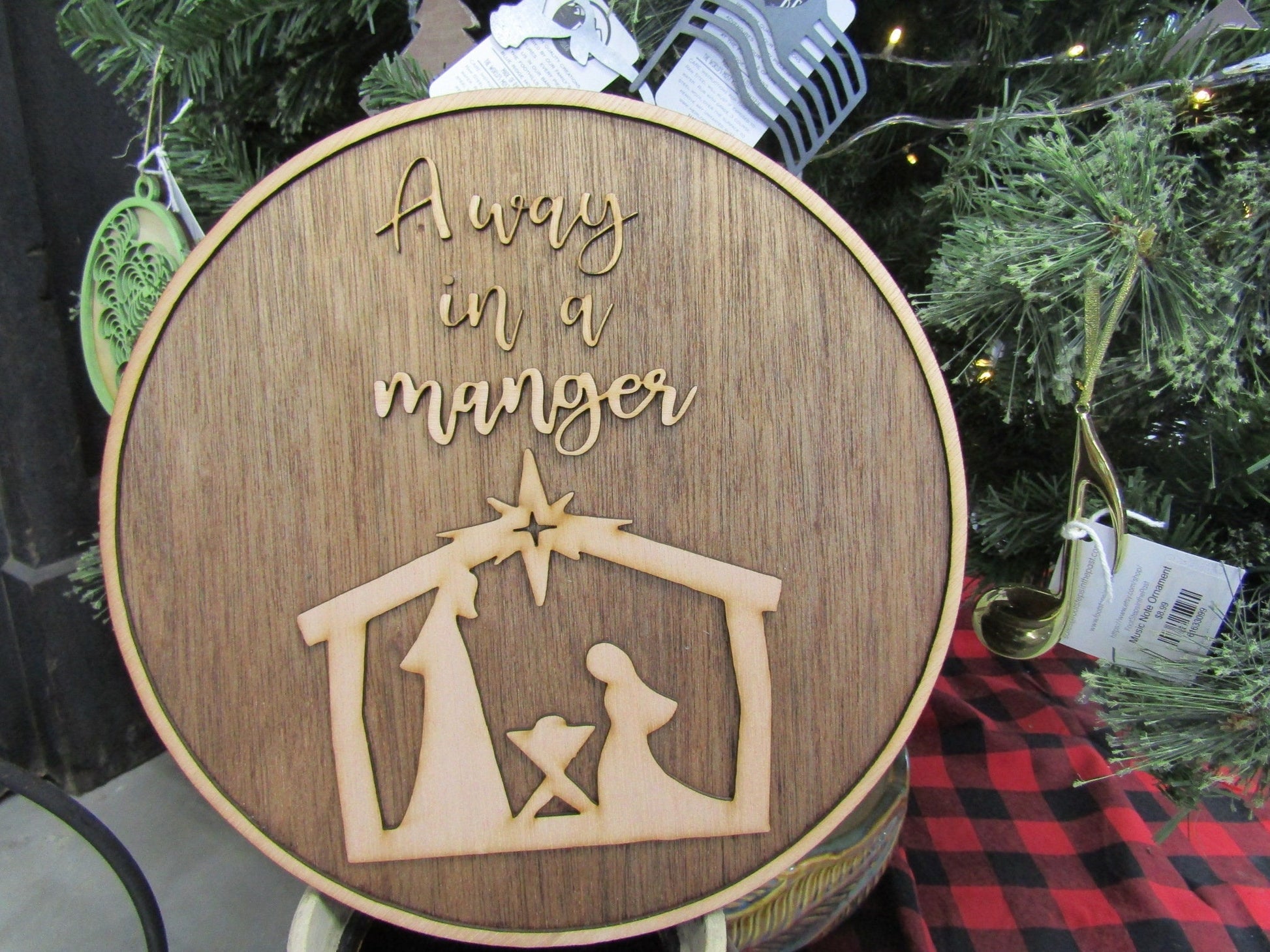 Christmas Away In A Manger Jesus Birth of Christ Faith Winter Decor Wooden Natural Gift Round Holiday Handmade Wall Hanging Sign 3D