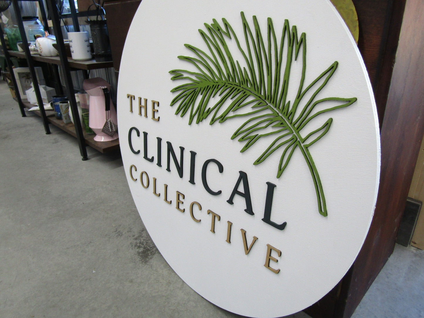 Personalized Commerical Custom Signage Clinic Palm Leaf Feather Care Center Round 3D Raised Wooden Sign Handmade Business Entrance Desk