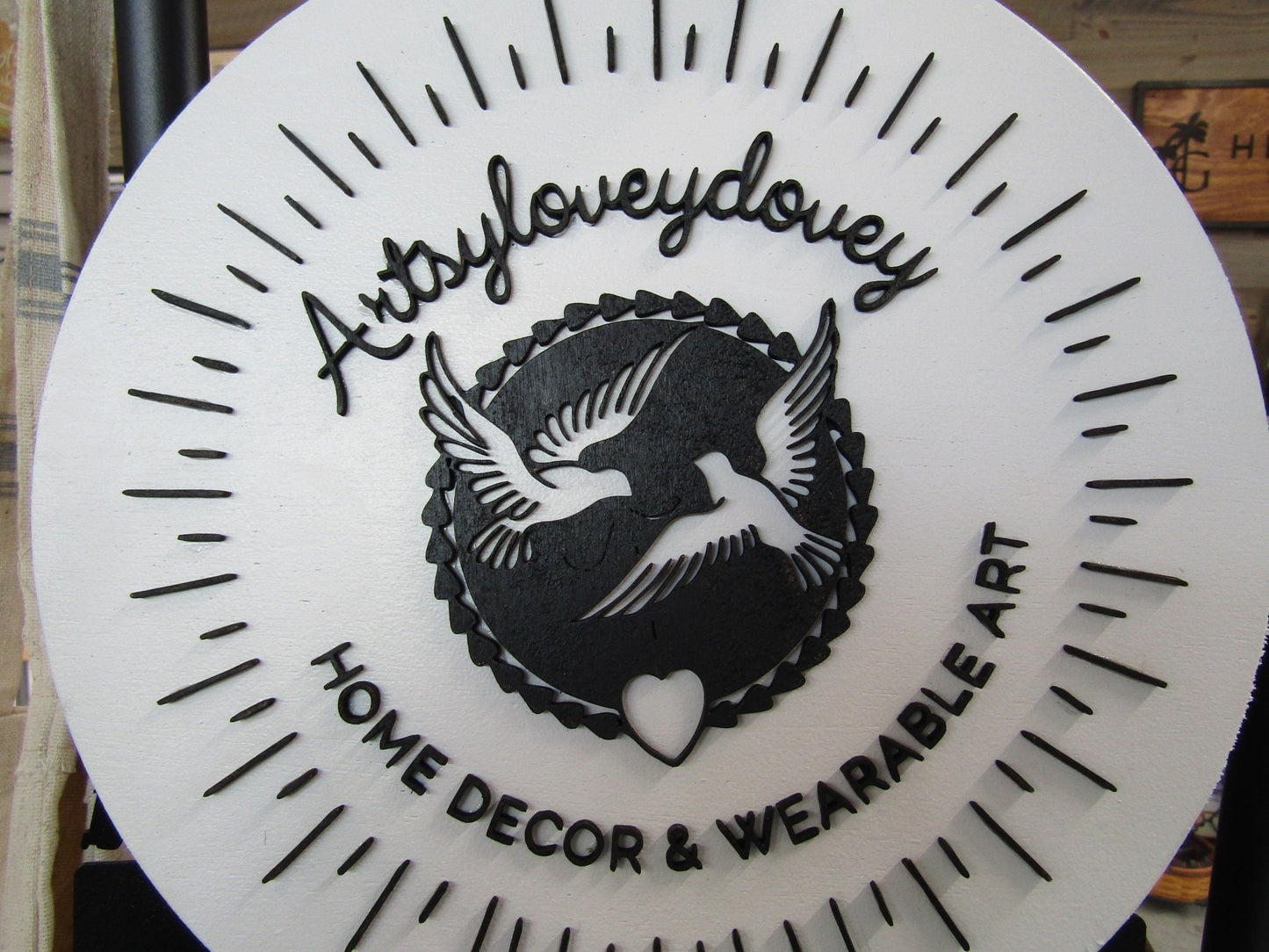 Custom Wood Sign Doves Wearable Art Home Decor Round Business Commerical Signage Store Front Small Shop Logo Circle Handmade Artsy