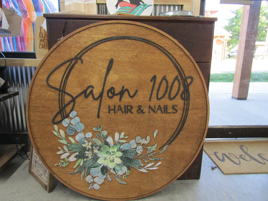 Custom Wooden Sign Salon Commerical Signage Entrance Sign Your Logo Personalized Hanging Sign Raised Letters Round Printed Image Floral