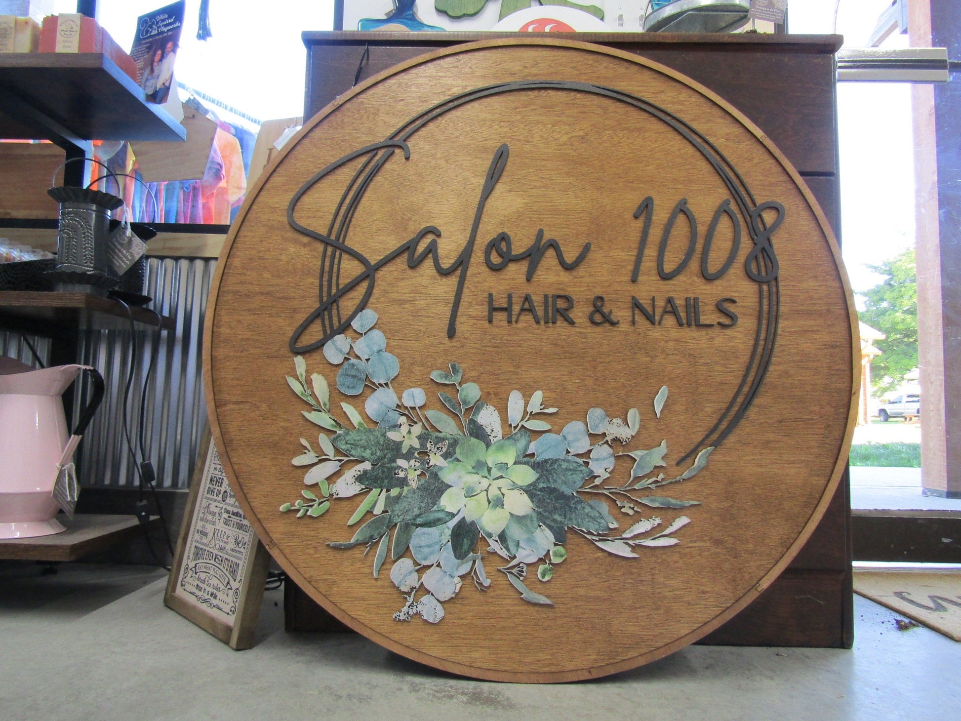Custom Wooden Sign Salon Commerical Signage Entrance Sign Your Logo Personalized Hanging Sign Raised Letters Round Printed Image Floral