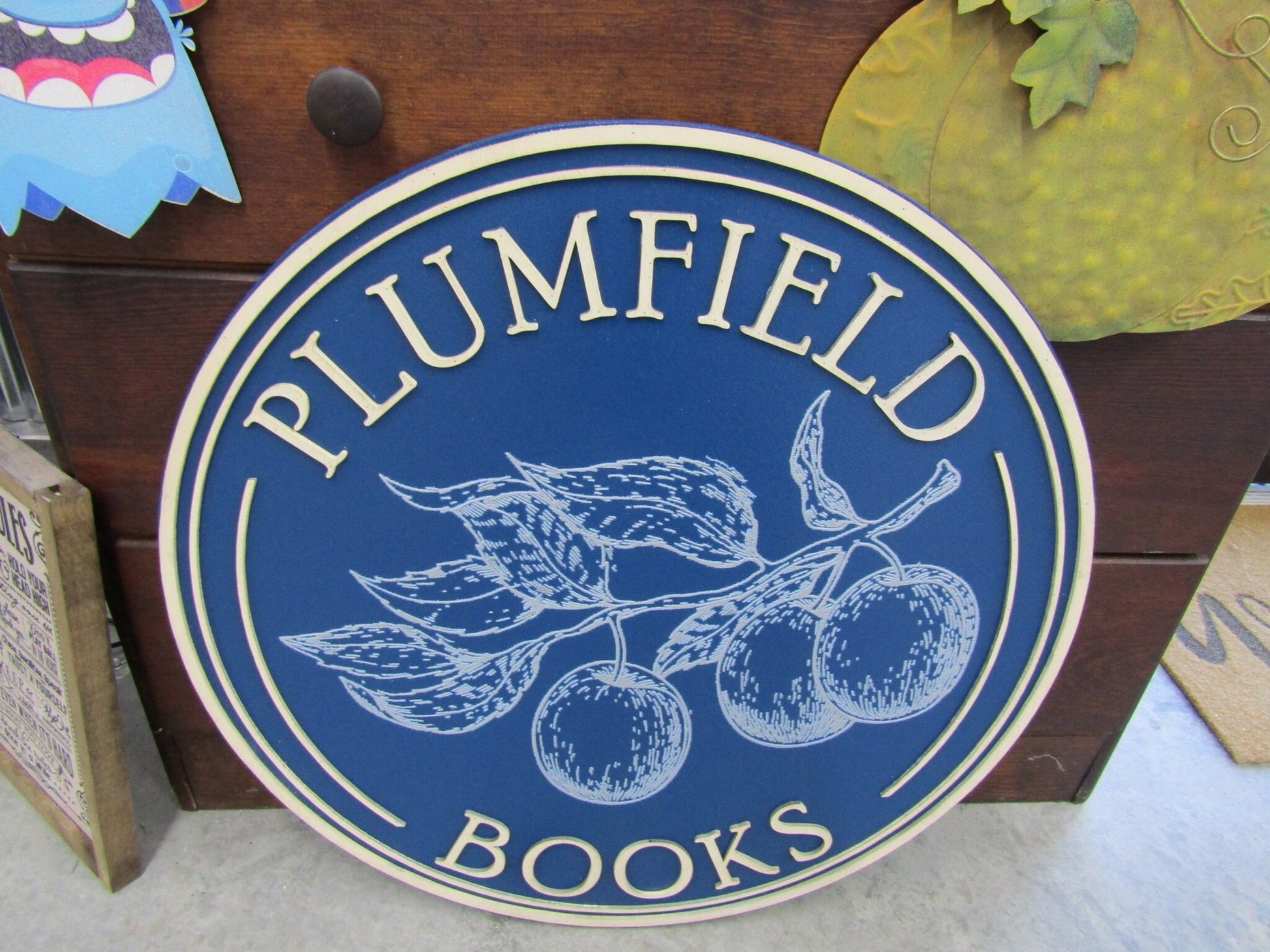 Custom Wooden Sign Plum Book Store Entrance Sign Your Logo Personalized Hanging Sign Raised Letters Round Printed Image Fruit Blue Handmade