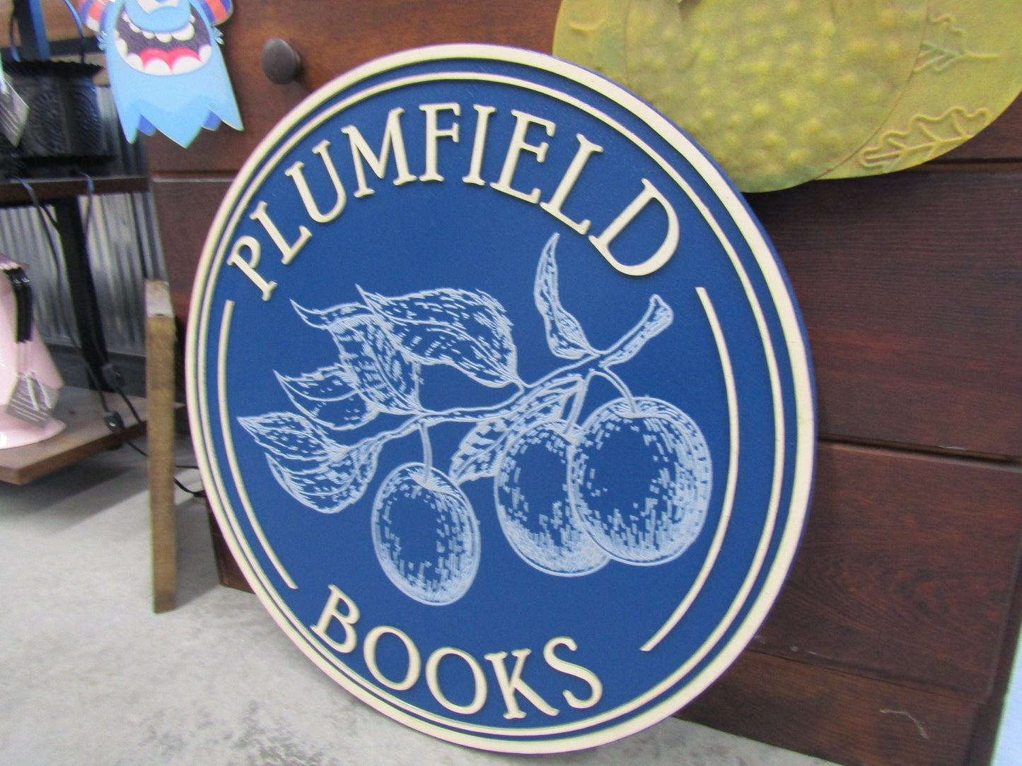Custom Wooden Sign Plum Book Store Entrance Sign Your Logo Personalized Hanging Sign Raised Letters Round Printed Image Fruit Blue Handmade