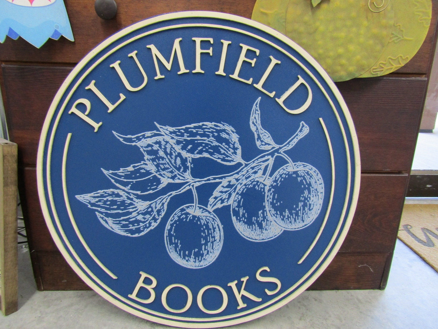 Custom Wooden Sign Plum Book Store Entrance Sign Your Logo Personalized Hanging Sign Raised Letters Round Printed Image Fruit Blue Handmade