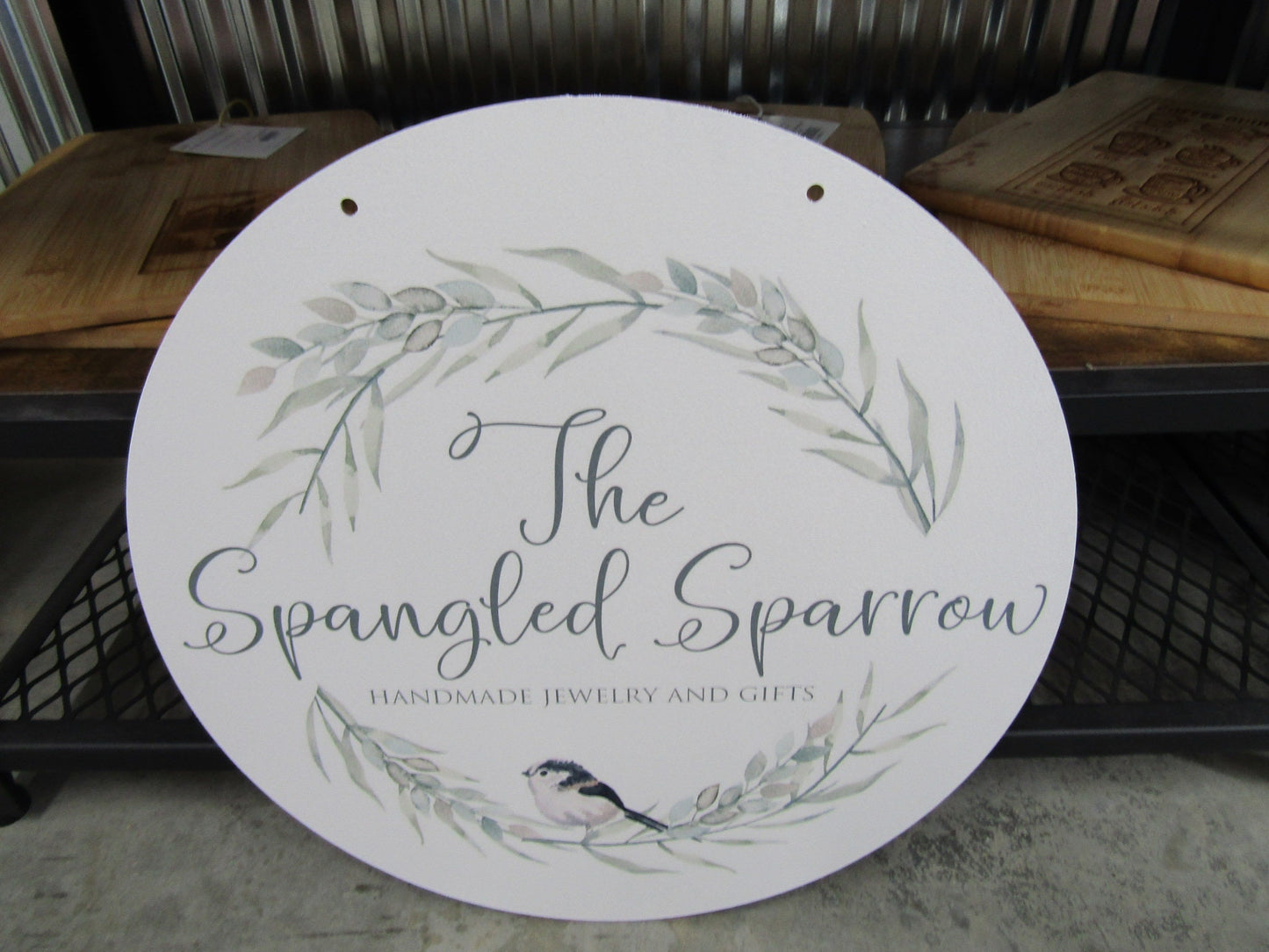 Small Business Jewelry Store Sparrow Logo Your Logo Wreath Frame Round Hanging Sign Booth Custom Personalized Wall Art Color Wood Print
