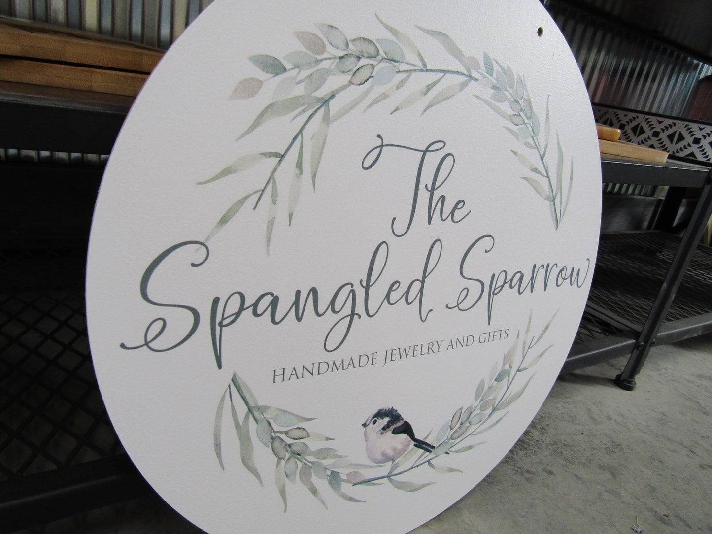 Small Business Jewelry Store Sparrow Logo Your Logo Wreath Frame Round Hanging Sign Booth Custom Personalized Wall Art Color Wood Print