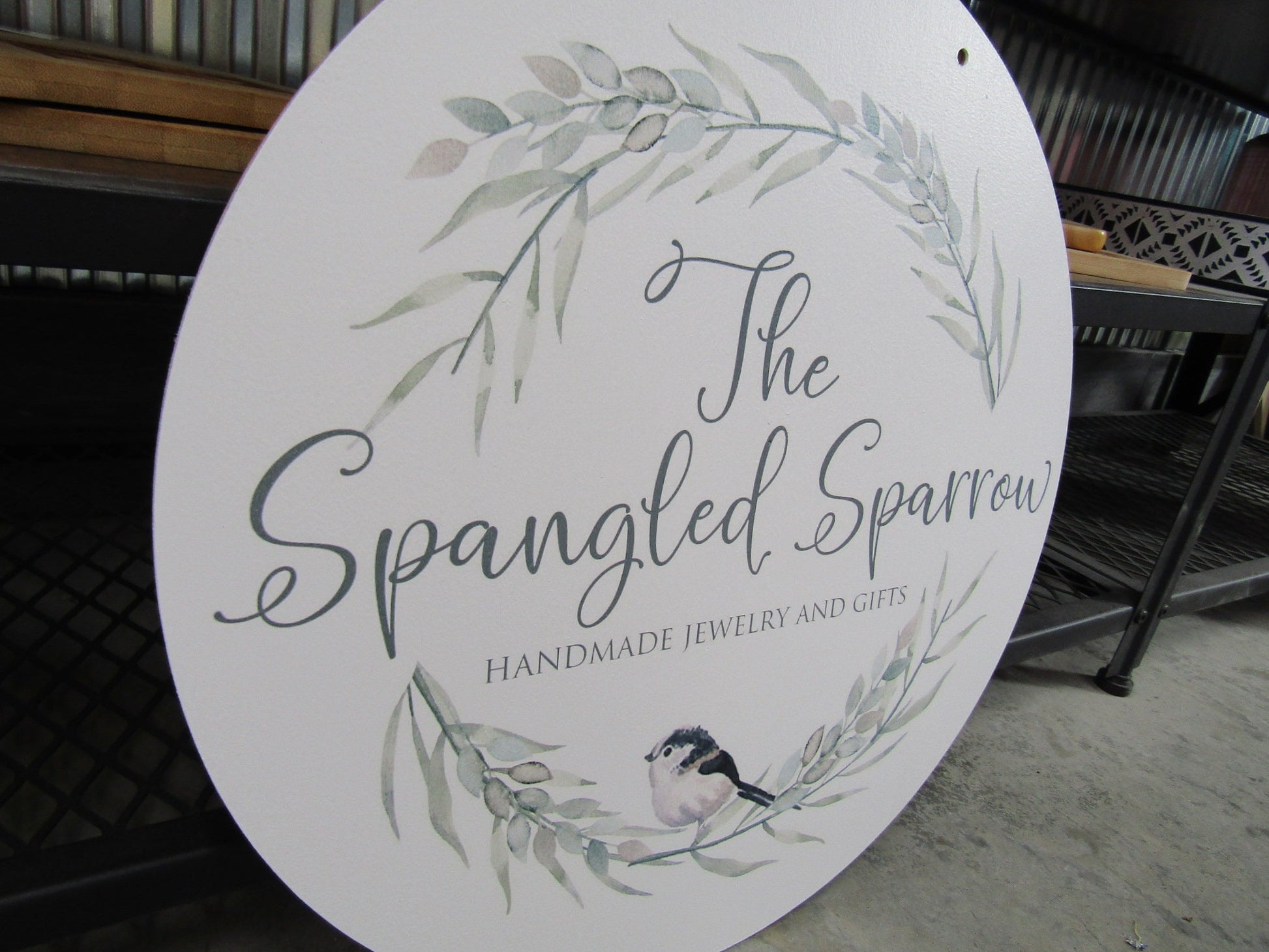Small Business Jewelry Store Sparrow Logo Your Logo Wreath Frame Round Hanging Sign Booth Custom Personalized Wall Art Color Wood Print