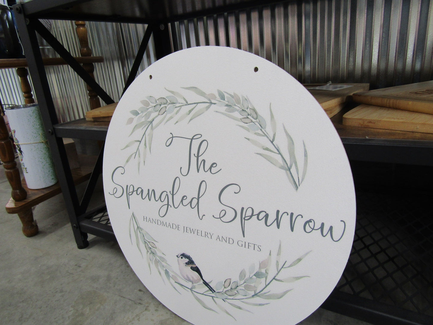 Small Business Jewelry Store Sparrow Logo Your Logo Wreath Frame Round Hanging Sign Booth Custom Personalized Wall Art Color Wood Print