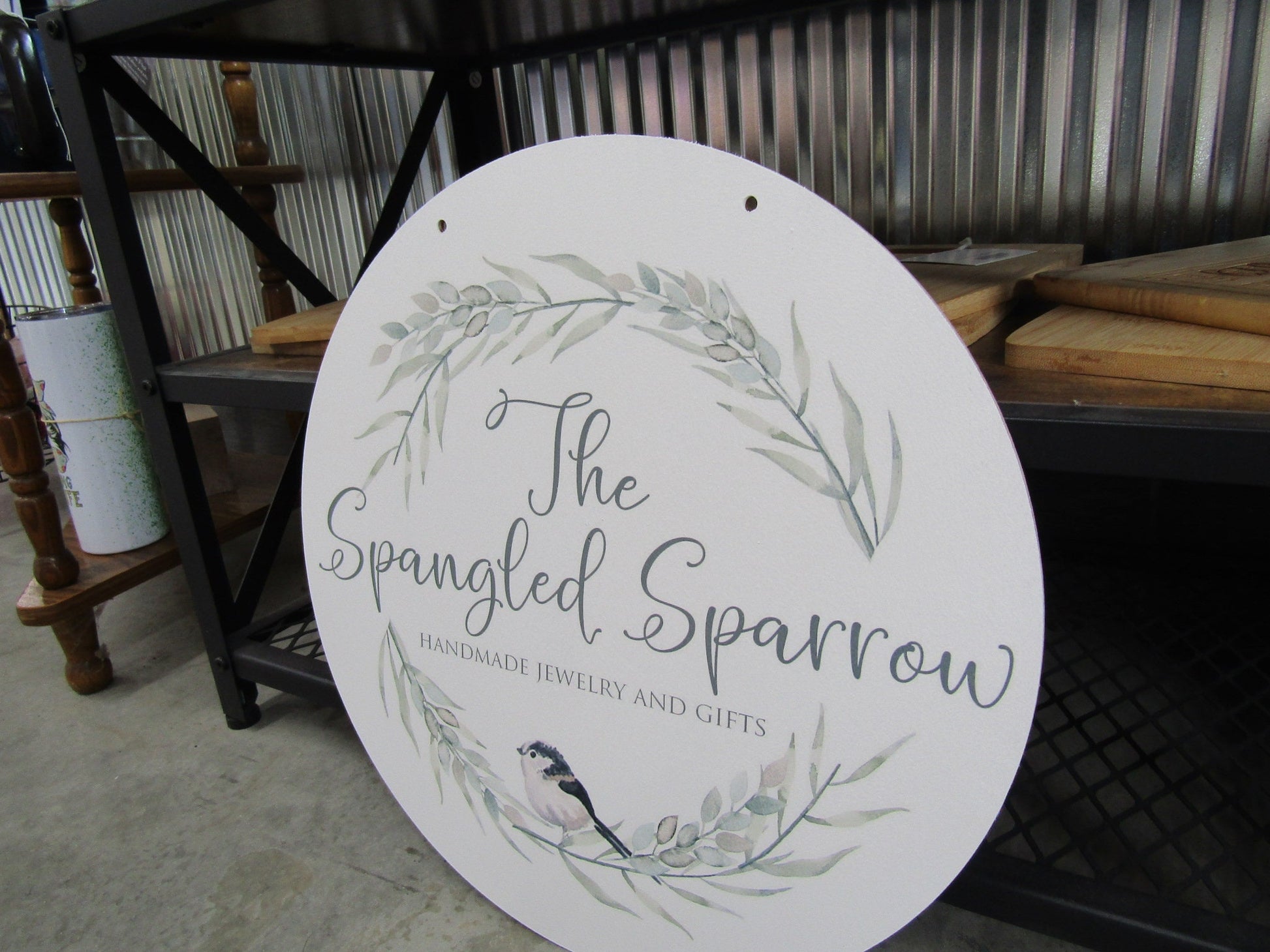 Small Business Jewelry Store Sparrow Logo Your Logo Wreath Frame Round Hanging Sign Booth Custom Personalized Wall Art Color Wood Print