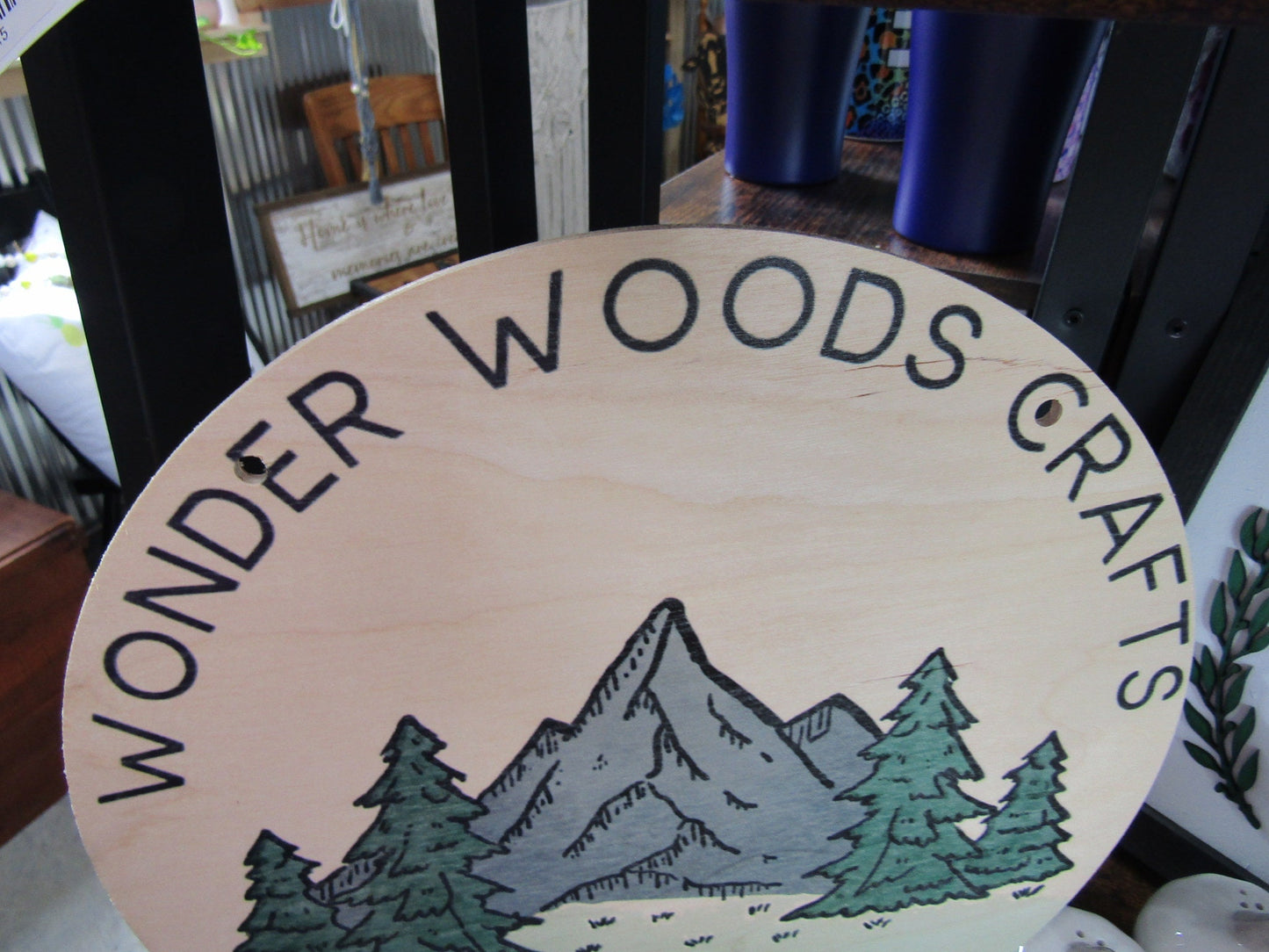 Small Business Crafts Crafter Outdoors Logo Round Hanging Sign Booth Custom Personalized Wall Art Color Wood Print Small Business Mountains
