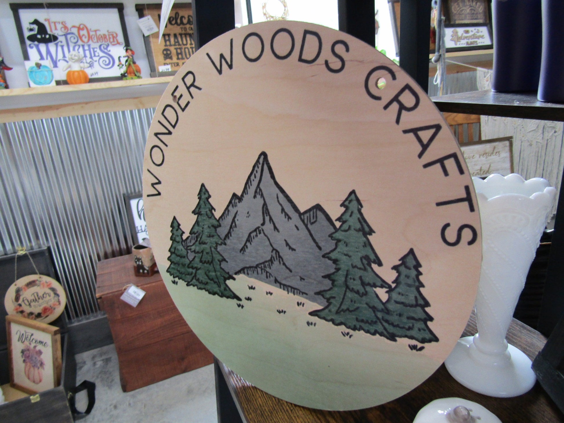 Small Business Crafts Crafter Outdoors Logo Round Hanging Sign Booth Custom Personalized Wall Art Color Wood Print Small Business Mountains