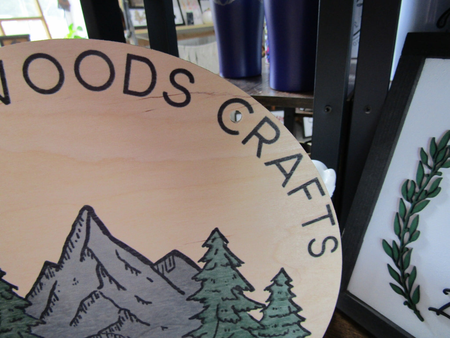 Small Business Crafts Crafter Outdoors Logo Round Hanging Sign Booth Custom Personalized Wall Art Color Wood Print Small Business Mountains