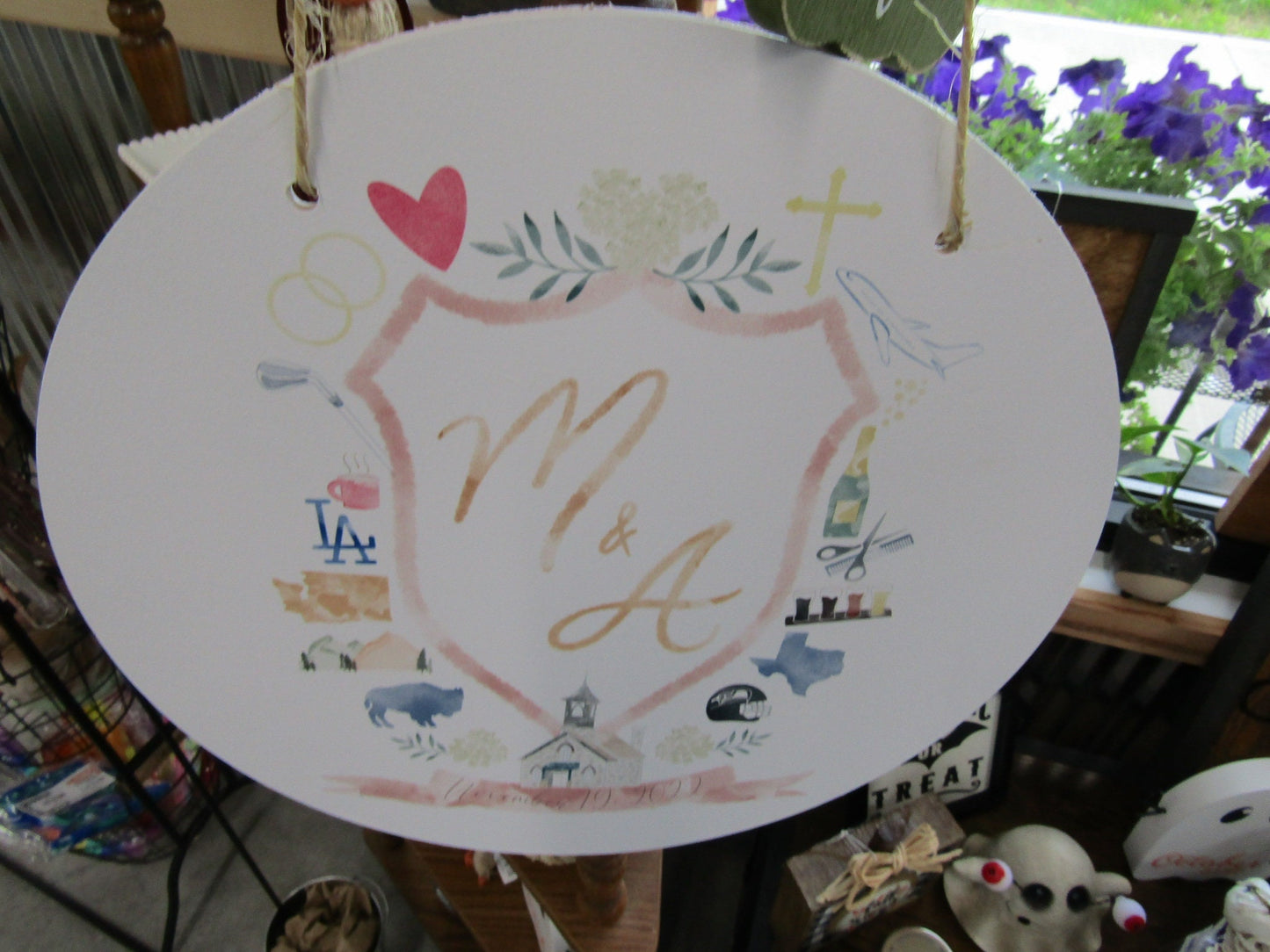 Round Cute Wedding Sign Logo Image File Church Couples Your Design About You Printed In Color on Wood Lightweight Hanging Wedding Decor