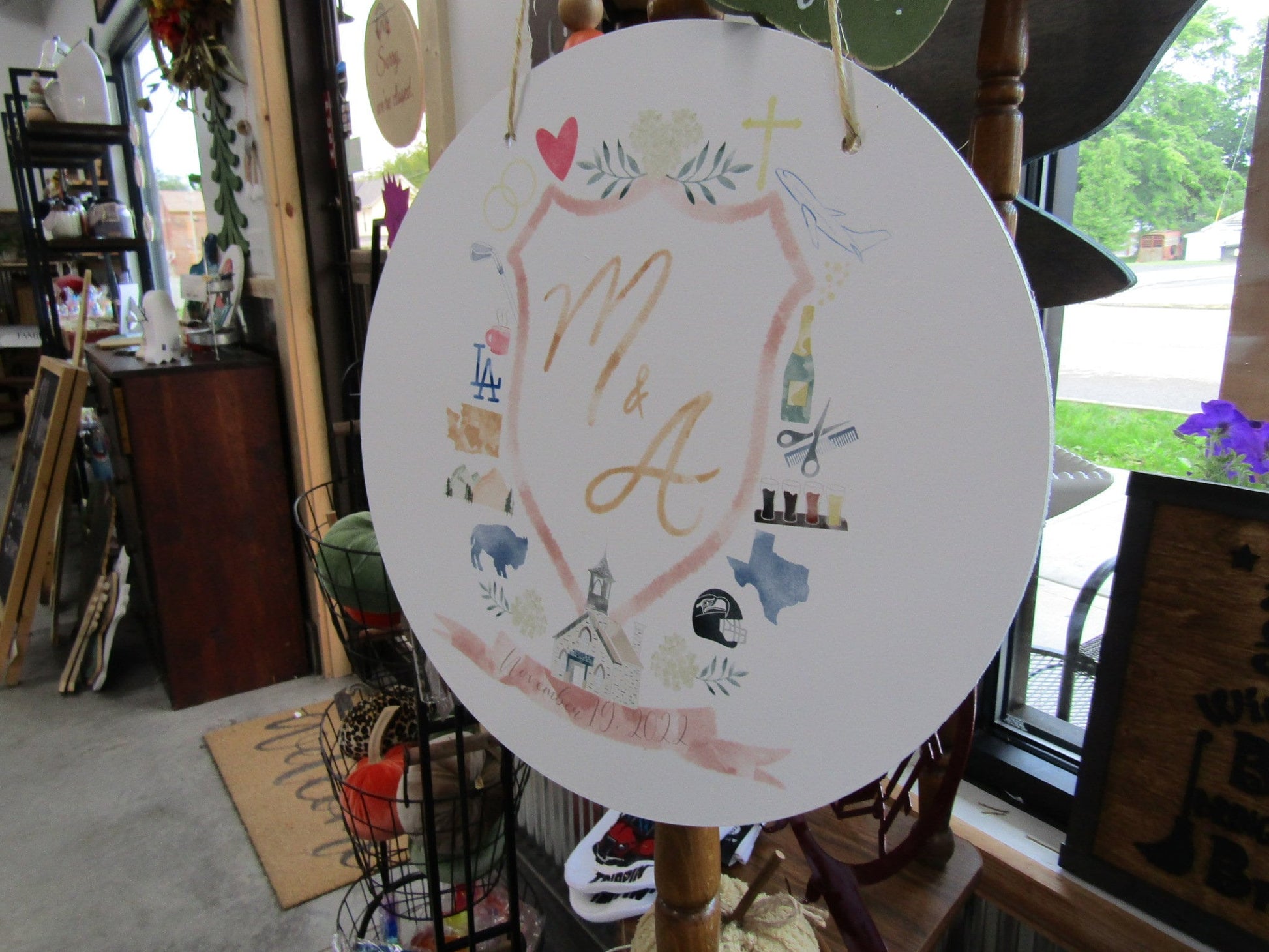 Round Cute Wedding Sign Logo Image File Church Couples Your Design About You Printed In Color on Wood Lightweight Hanging Wedding Decor