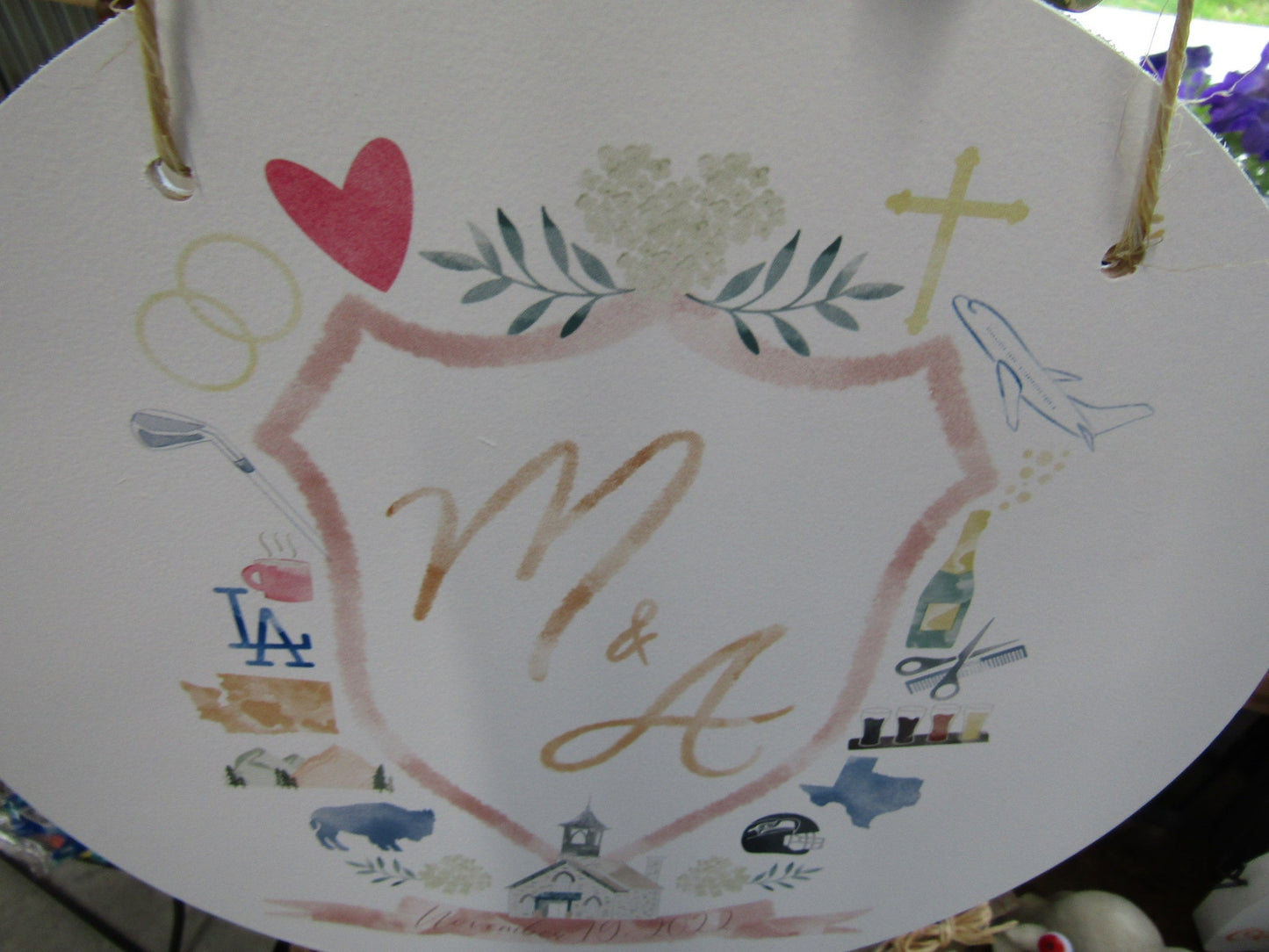 Round Cute Wedding Sign Logo Image File Church Couples Your Design About You Printed In Color on Wood Lightweight Hanging Wedding Decor