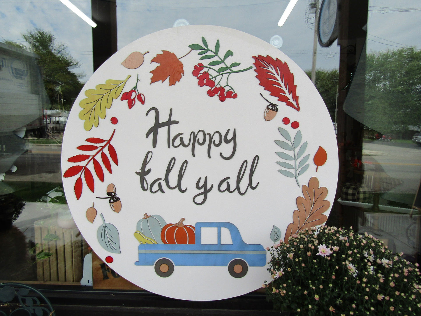 Hello Fall Little Blue Truck Pumpkin Leaves Autumn Handmade Decor Color Cute Door Sign Wooden Circle Round Sign Multiple Sizes Acorns Rustic
