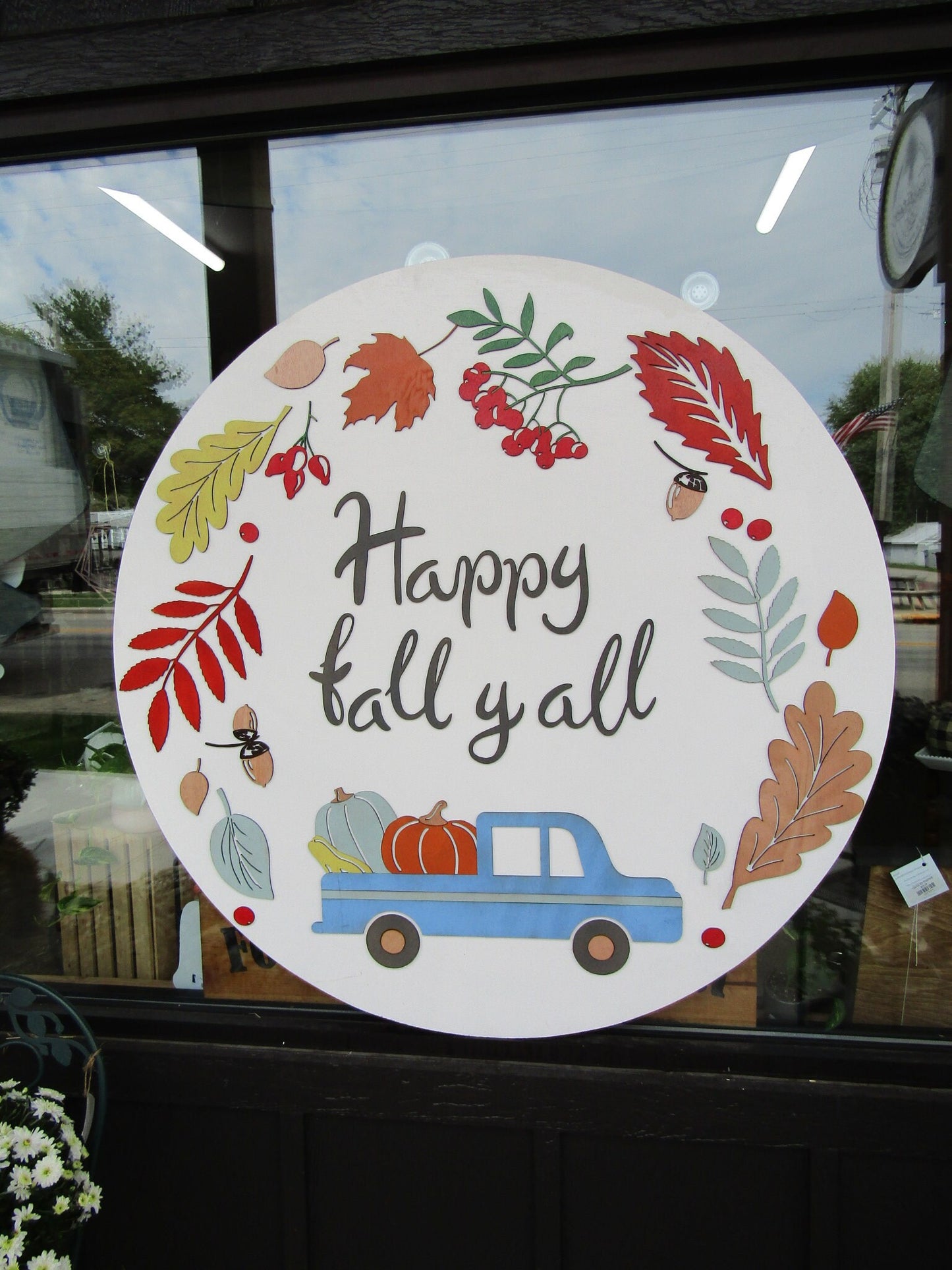 Hello Fall Little Blue Truck Pumpkin Leaves Autumn Handmade Decor Color Cute Door Sign Wooden Circle Round Sign Multiple Sizes Acorns Rustic