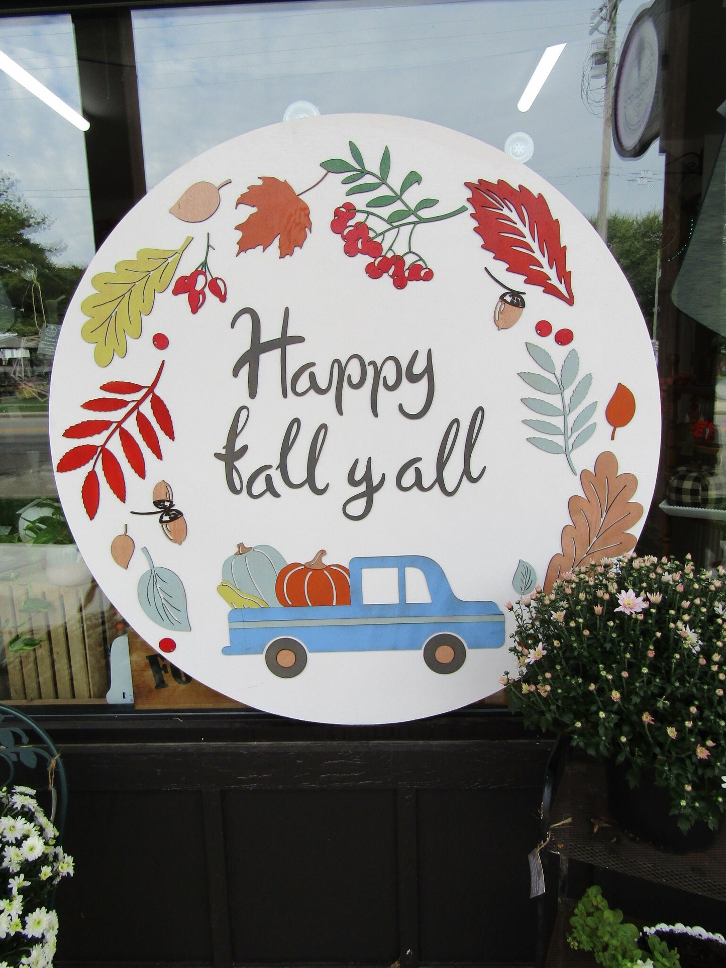 Hello Fall Little Blue Truck Pumpkin Leaves Autumn Handmade Decor Color Cute Door Sign Wooden Circle Round Sign Multiple Sizes Acorns Rustic