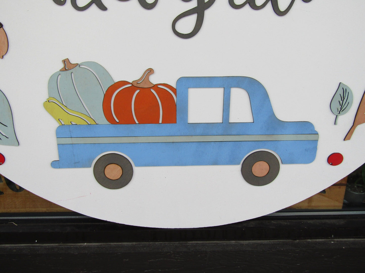Hello Fall Little Blue Truck Pumpkin Leaves Autumn Handmade Decor Color Cute Door Sign Wooden Circle Round Sign Multiple Sizes Acorns Rustic